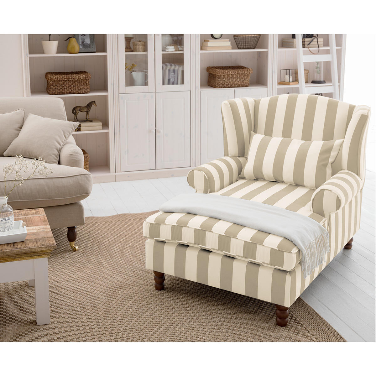 OHRENSESSEL - Webstoff - Beige/Weiß, Holz/Textil (94/95/134cm) - home24