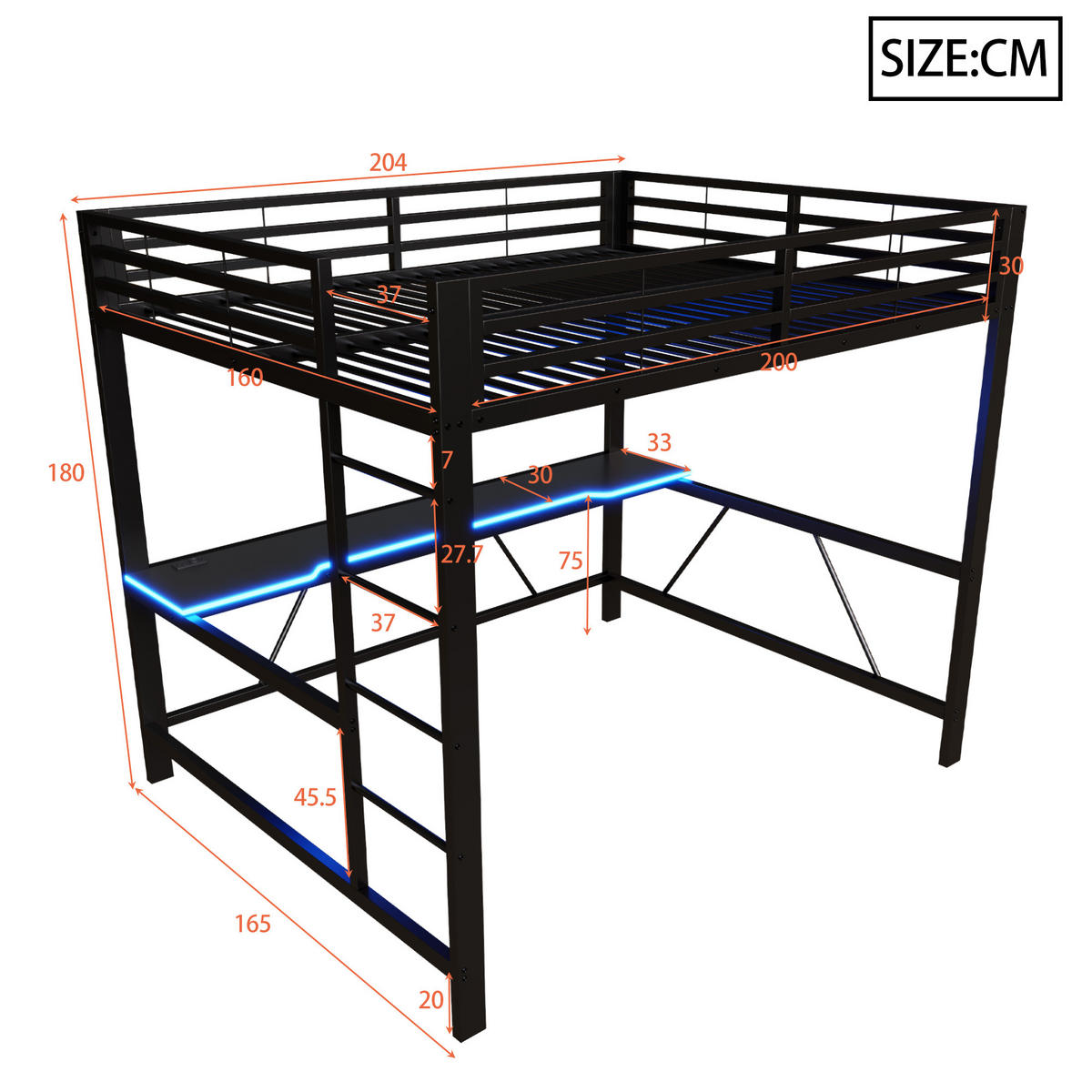 HOCHBETT 160/200 cm in Schwarz mit Schreibtisch, LED und USB Metall - Schwarz, Metall (160/200cm) - CHICFURN