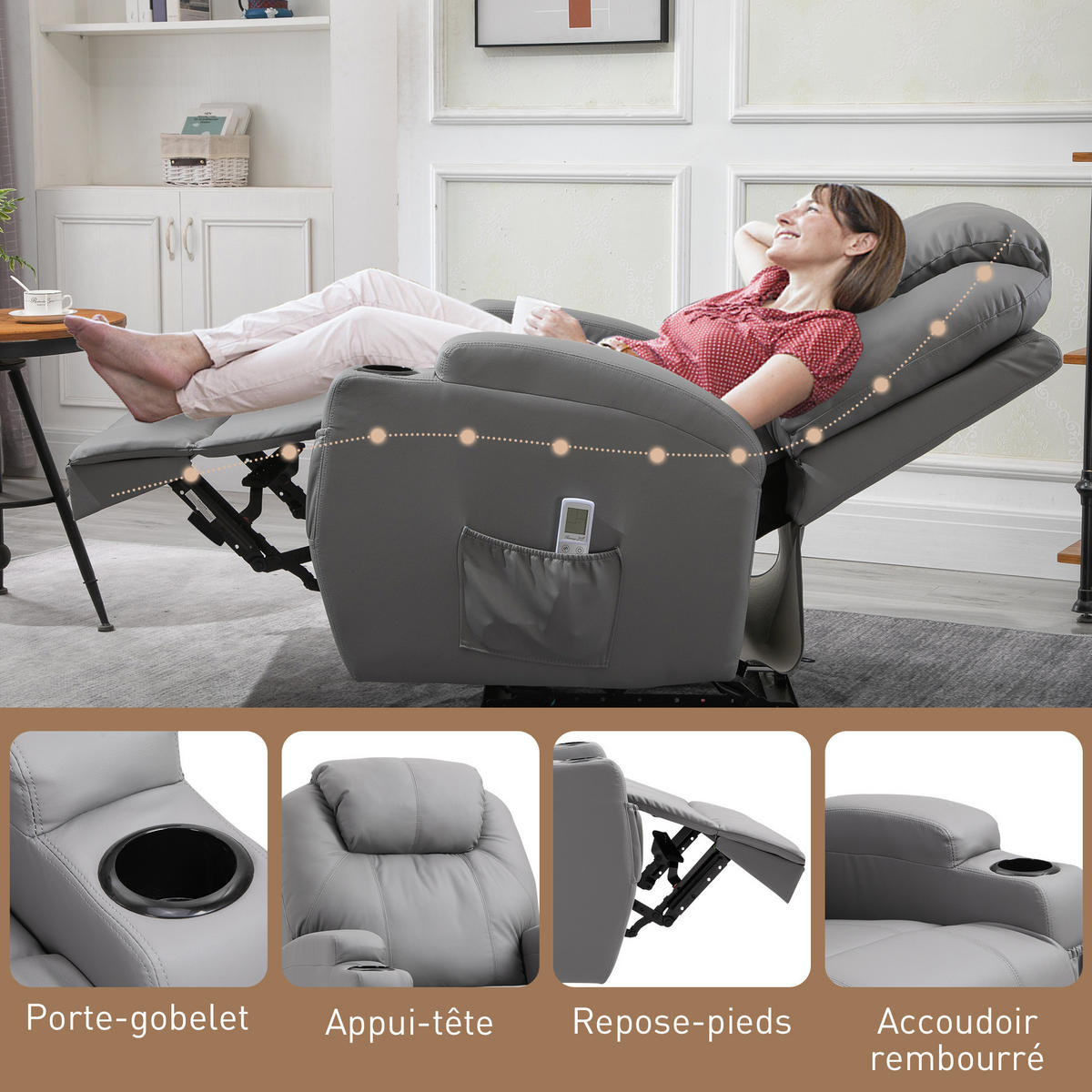 MASSAGESESSEL DE-15343 elektrisch verstellbar mit 8 Vibrationspunkten Grau - Hellgrau, Leder (97/110/82cm) - ComfortXL