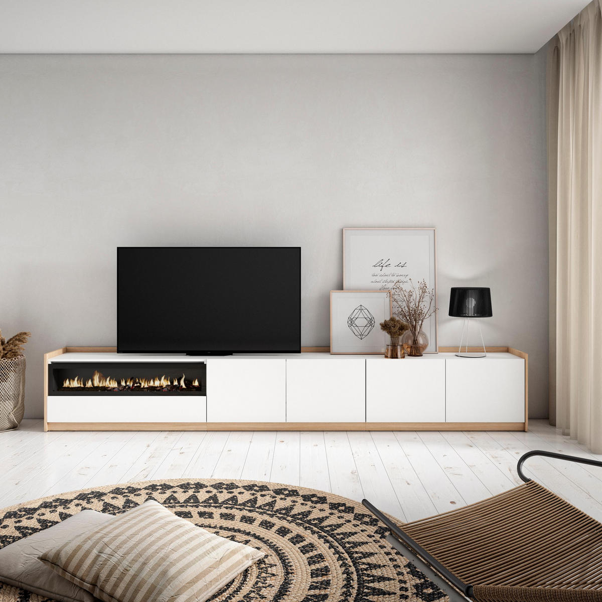 TV-SCHRANK, Lowboard, Weiß und Eiche Soft, Elektrokamin, 310/37/50cm - Weiß, Holzwerkstoff (310/50/37cm) - Skraut Home