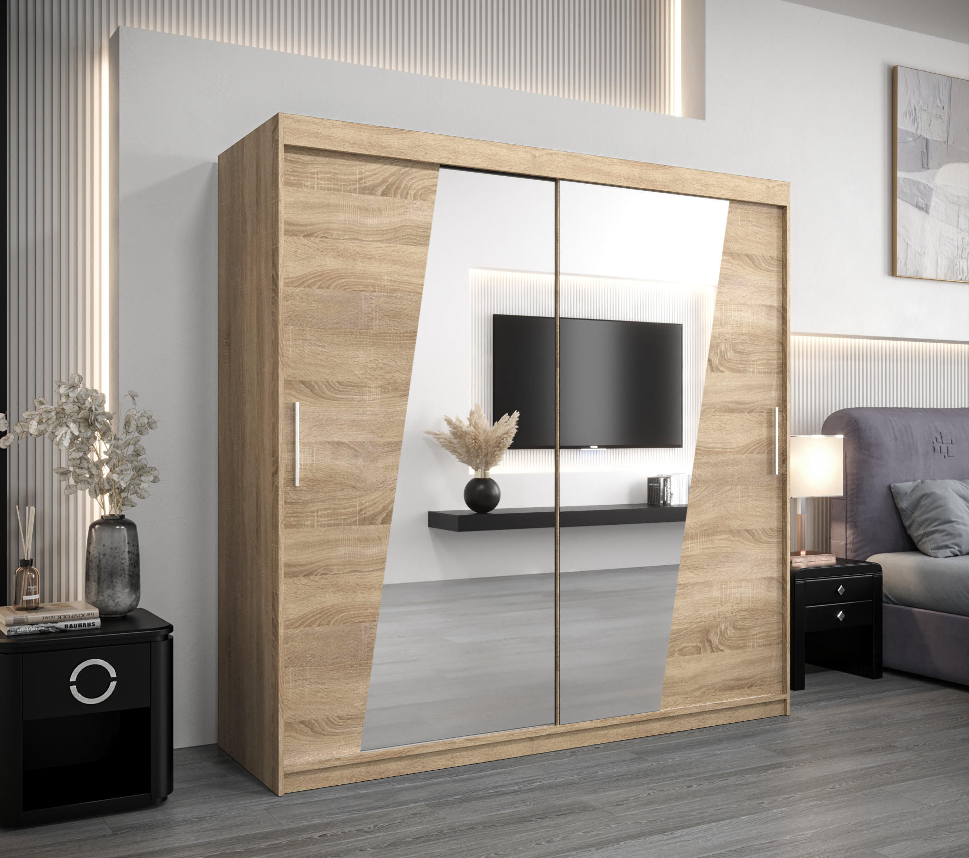 SCHWEBETÜRENSCHRANK 200/200/62 2-türig - Silberfarben/Sonoma Eiche, Holz/Kunststoff (200/200/62cm) - MÖBEL KRYSPOL