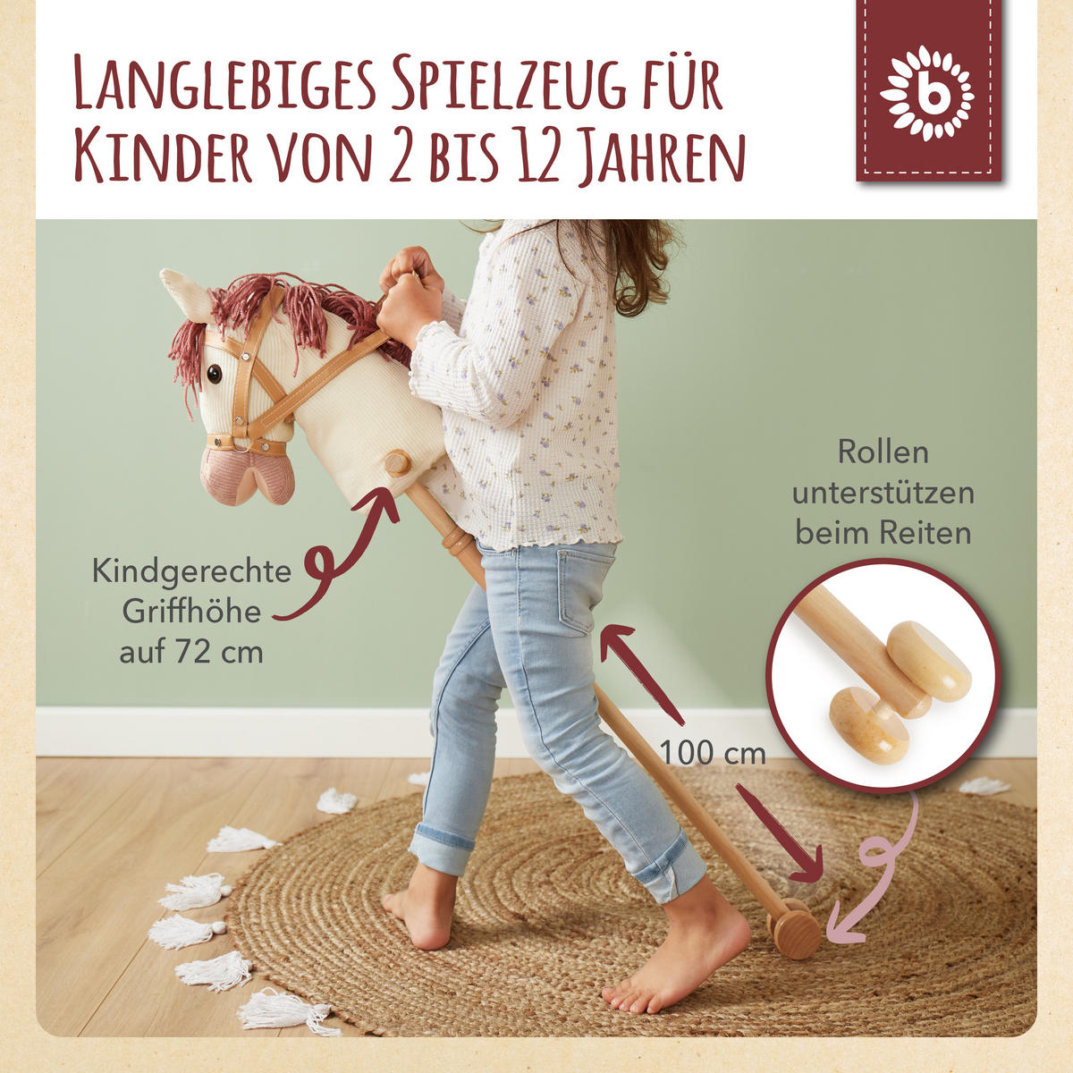 BIECO Steckenpferd Kinder Ginger | Hobby Horse Pferde | Steckenpferd Rollen | Steckenpferd Holz Pferd Stab | Stock Pferd - Weiß, Textil (24/100cm) - Bieco Spielwaren
