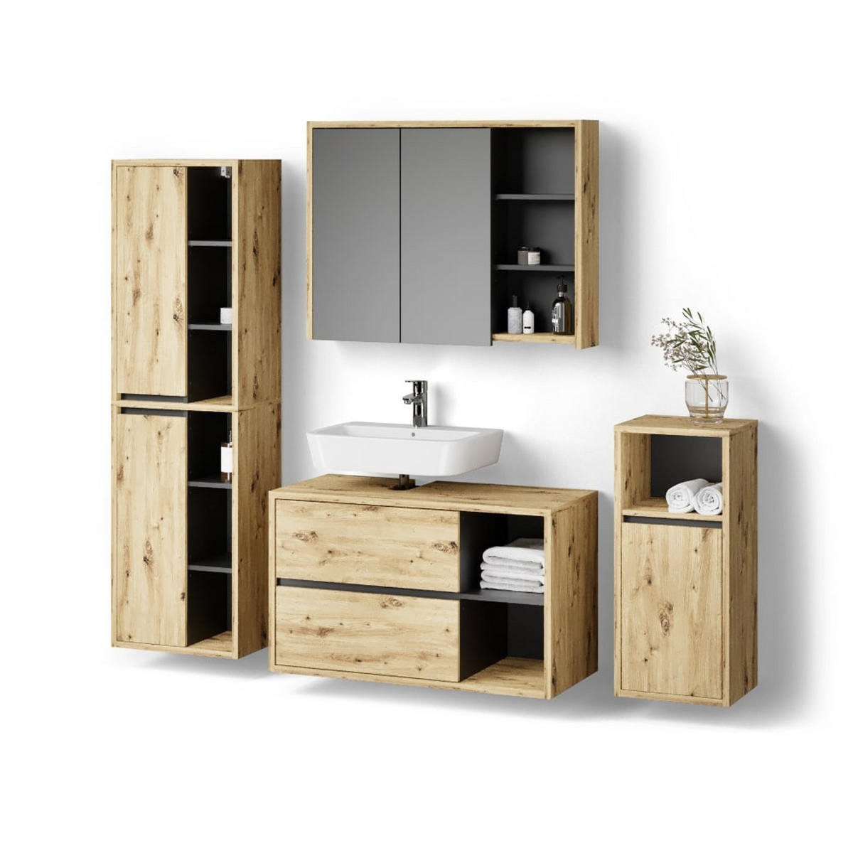 BADMÖBEL-SET Vomano Braun 4 Teile - Anthrazit/Braun, Holzwerkstoff (45/100/60cm) - Livinity®