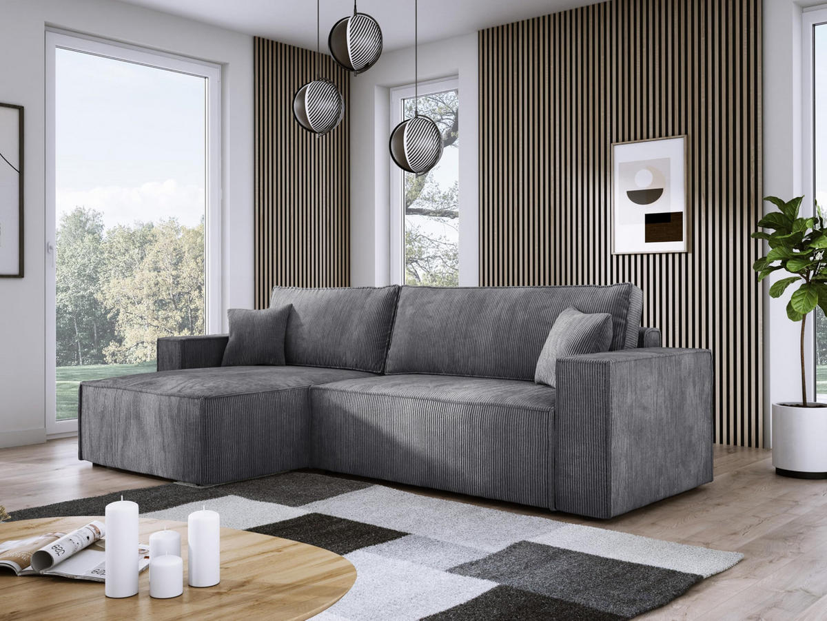 ECKSOFA POSO XL UNIVERSAL, Schlaffunktion und Lattenrost - L-Form, Cord, Federung auf Wellfedern, 274x143x83 cm, Links Grey - Grau, Holz/Textil (277/143cm) - DomoHome