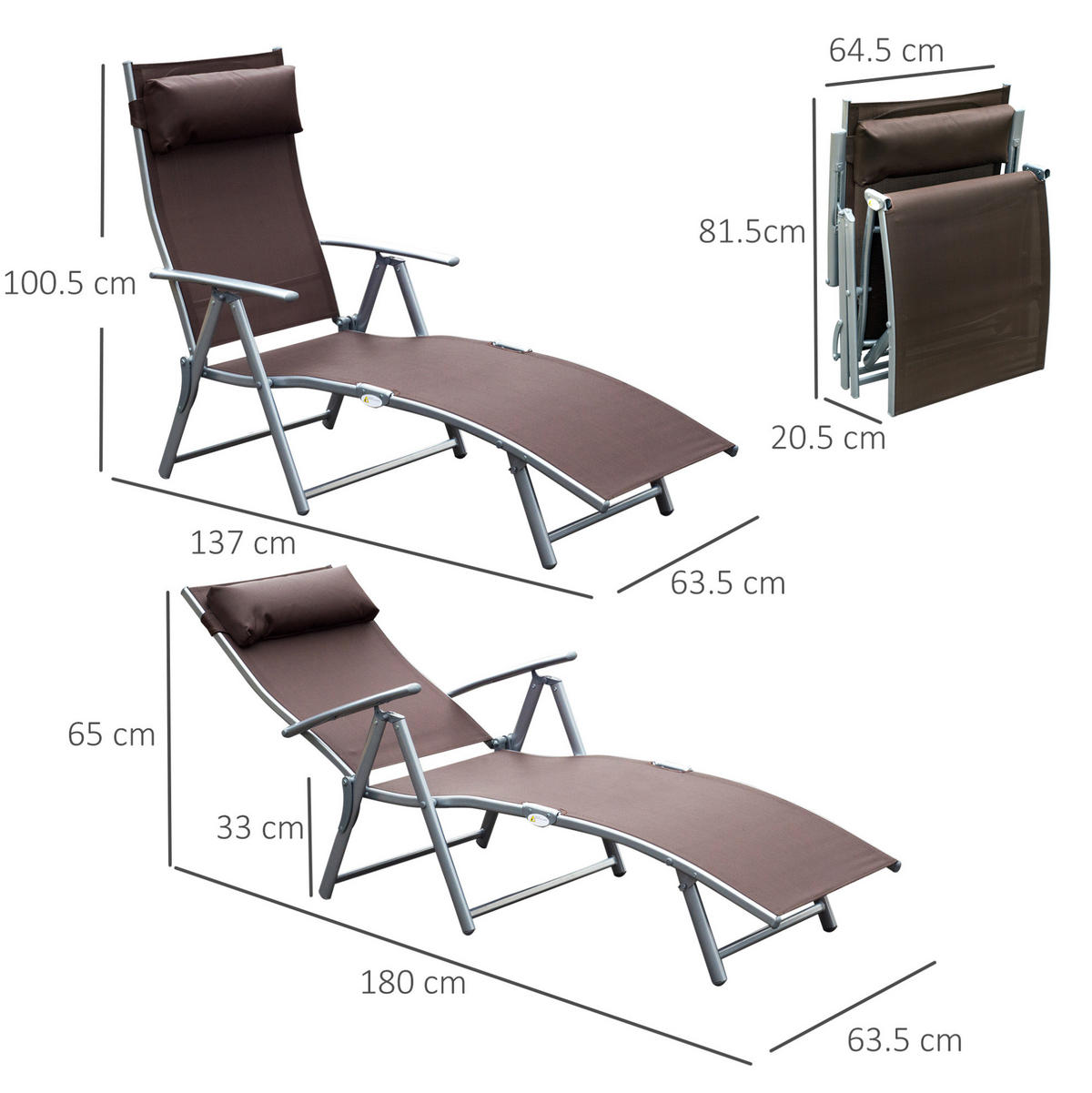 SONNENLIEGE aus Metall 137x63,5x100,5 cm in Braun mit 5-fach verstellbarer Rückenlehne - Braun, Metall (63.5/100.5/137cm) - Modfu