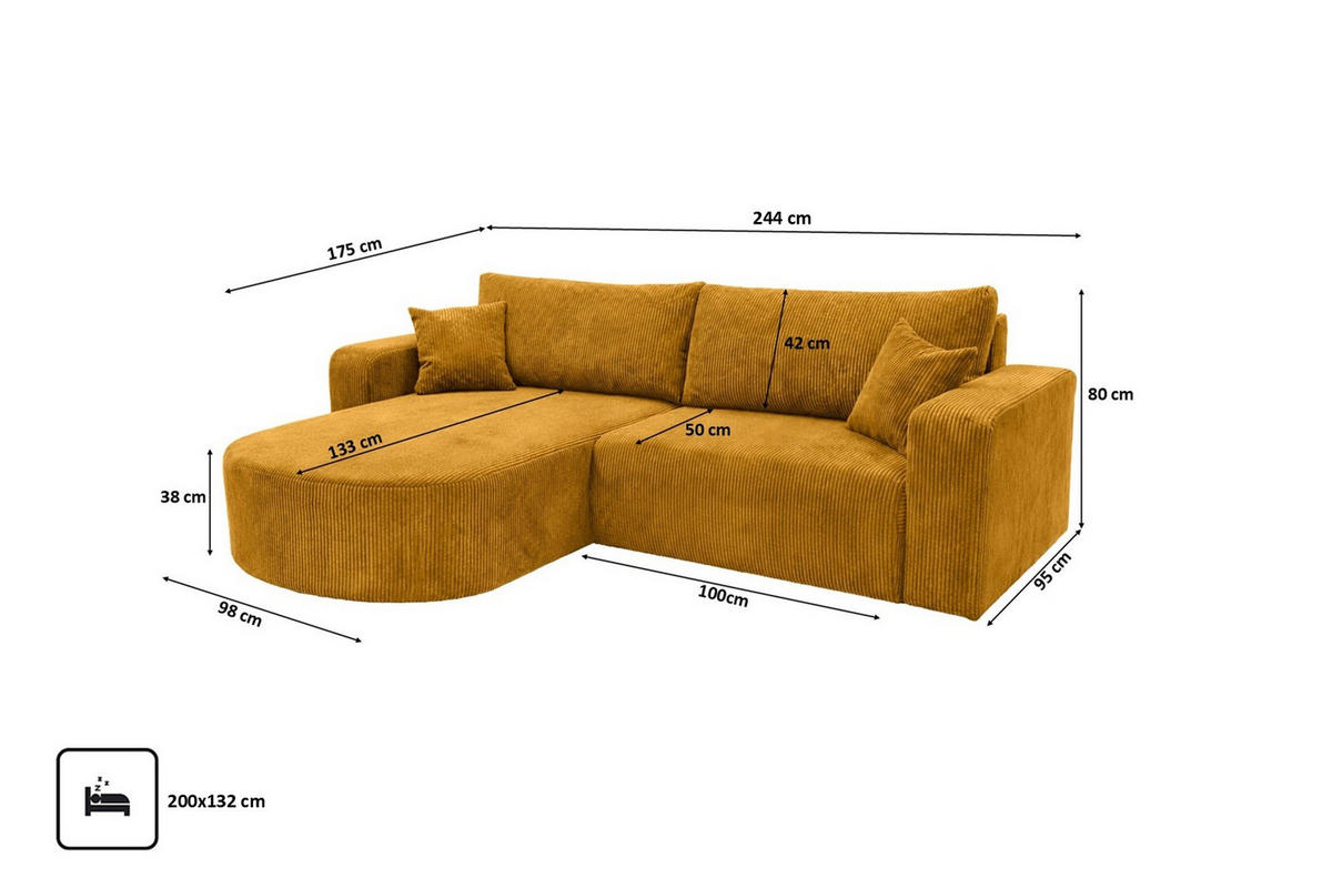 ECKSOFA Mit Schlaffunktion, Cordstoff Poso, Senffarbe, Links, ROUND ONE - Gelb, Holz (244/175cm) - Kaiser Möbel