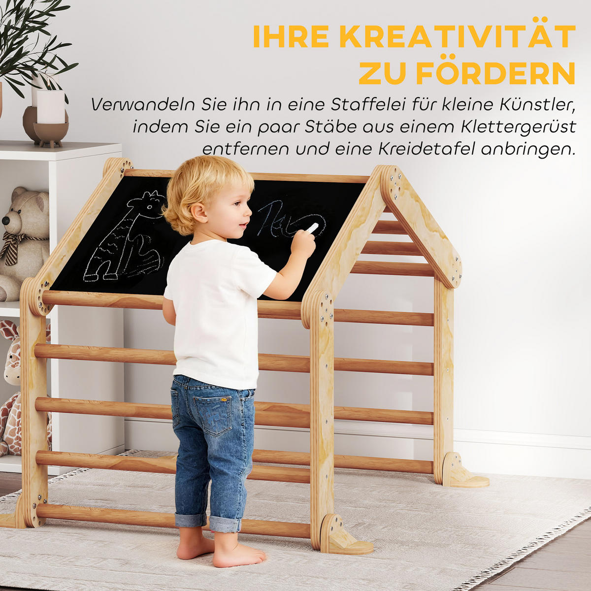 INDOOR-KLETTERGERÜST 9-in-1 Rampe Rutsche Leiter Schreibtafel - Naturfarben, Holz (52.5/48/100cm) - AIYAPLAY