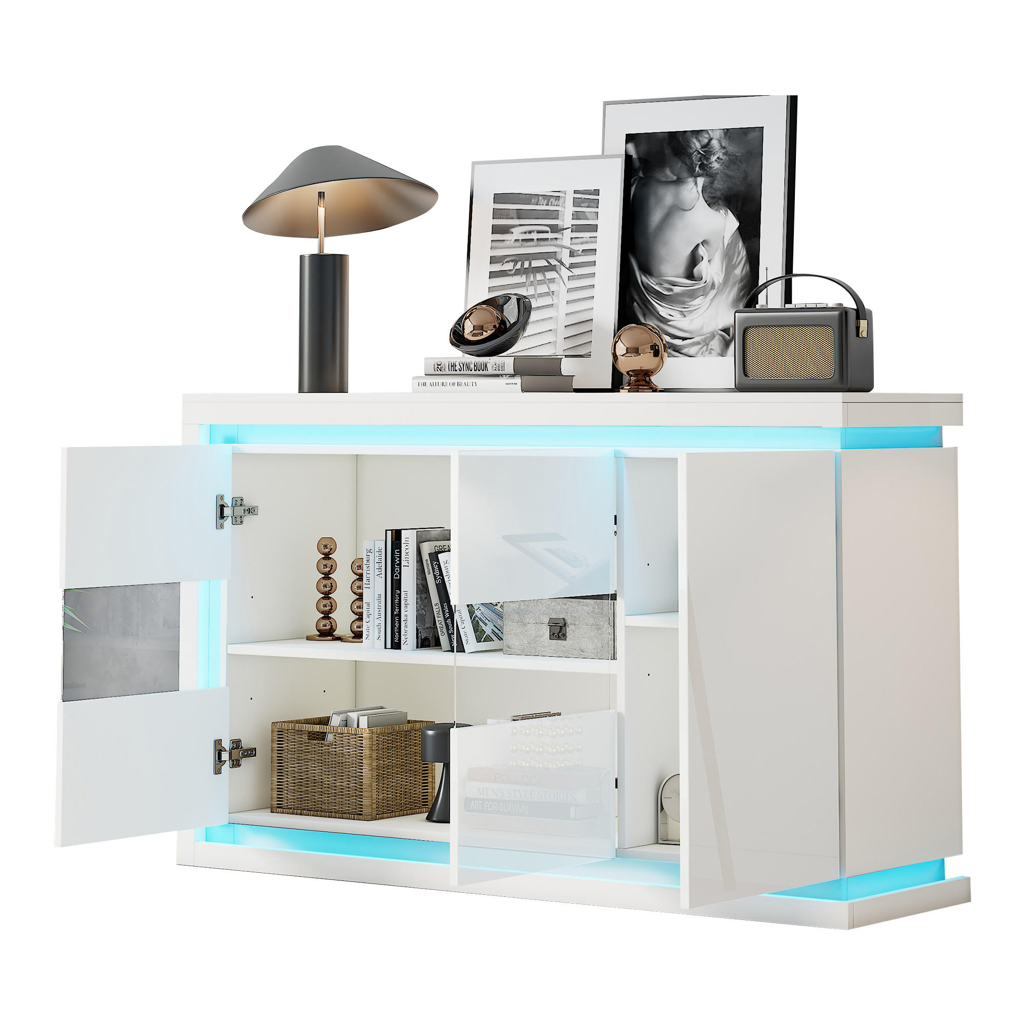 SIDEBOARD 140/40/84 cm, weißer Hochglanz-Vorderteil, 3 Türen mit 2 Gehärtet-Glas-Fronten und fernbedienbarer LED-Beleuchtung, Weiß - Weiß, Holzwerkstoff (140/84/40cm) - Redom