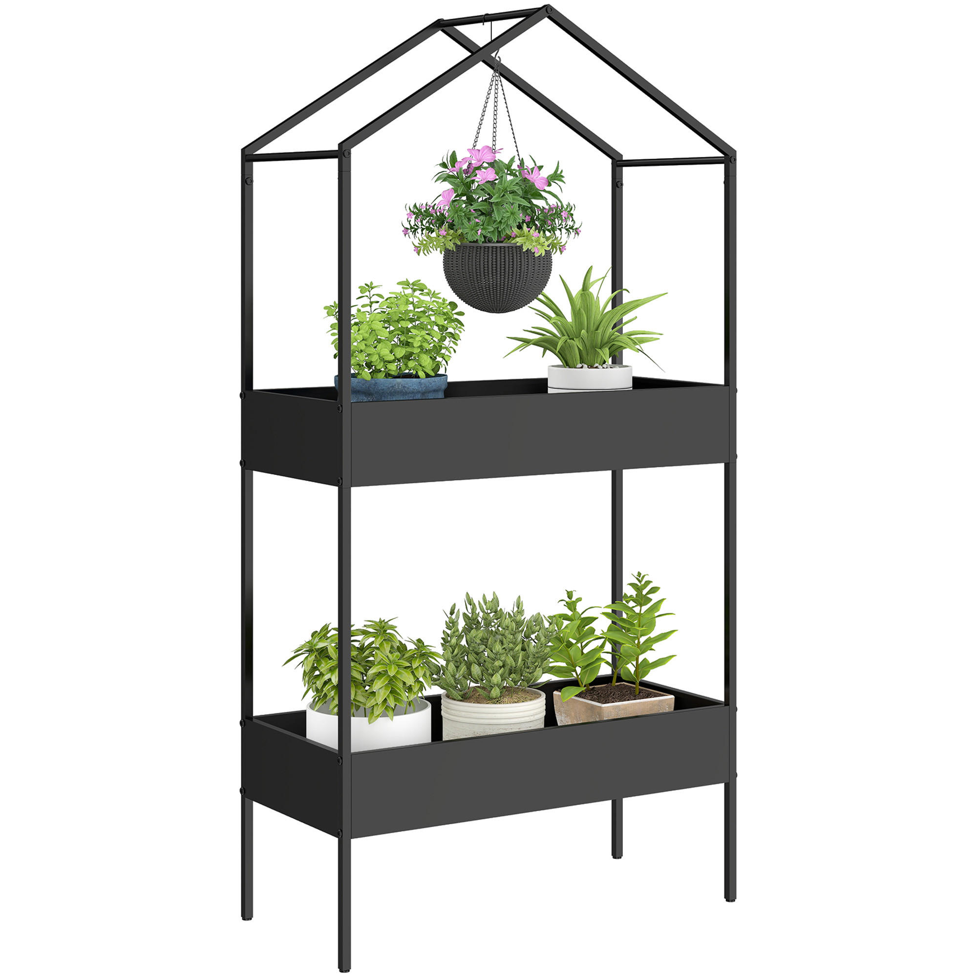 PFLANZENSTÄNDER DE-05404 2 Etagen, Hausform, mit Haken Schwarz - Schwarz, Metall (75/35/150cm) - ComfortXL