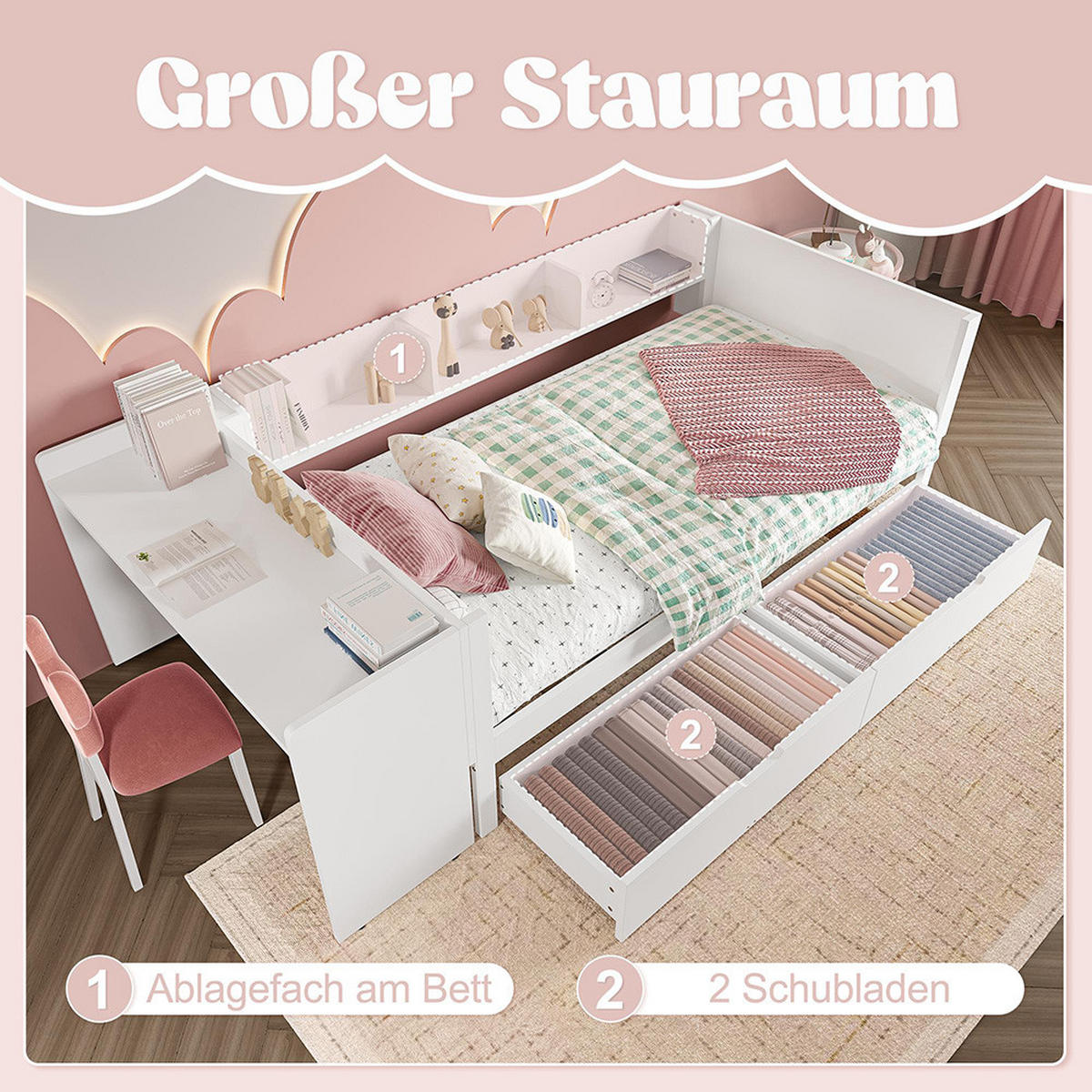 EINZELBETT 90x200cm mit Schreibtisch in weiß - Weiß, Holz (90/200cm) - KOMHTOM