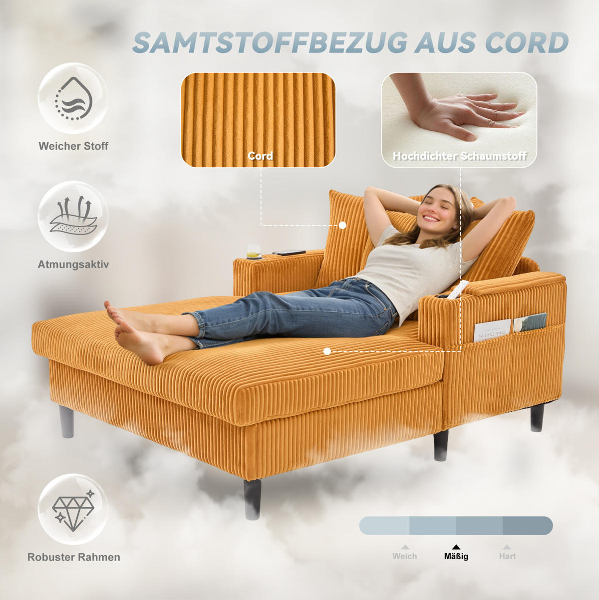 SCHLAFSOFA 129/170/70 cm aus Cord mit LED-Beleuchtung und USB-Ladeanschluss Senfgelb - Currygelb, Textil (170/70/129cm) - Modenvie