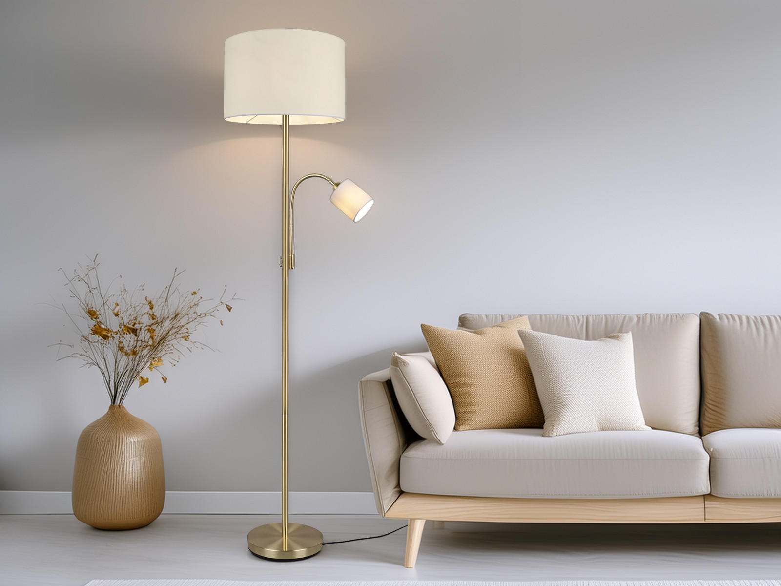 LED-STEHLAMPE Gold mit Leselampe, Höhe 170cm, große Standlampe dimmbar Stoffschirm Weiß, Wohnzimmer - Messingfarben, Textil (40/40/170cm) - meineWunschleuchte
