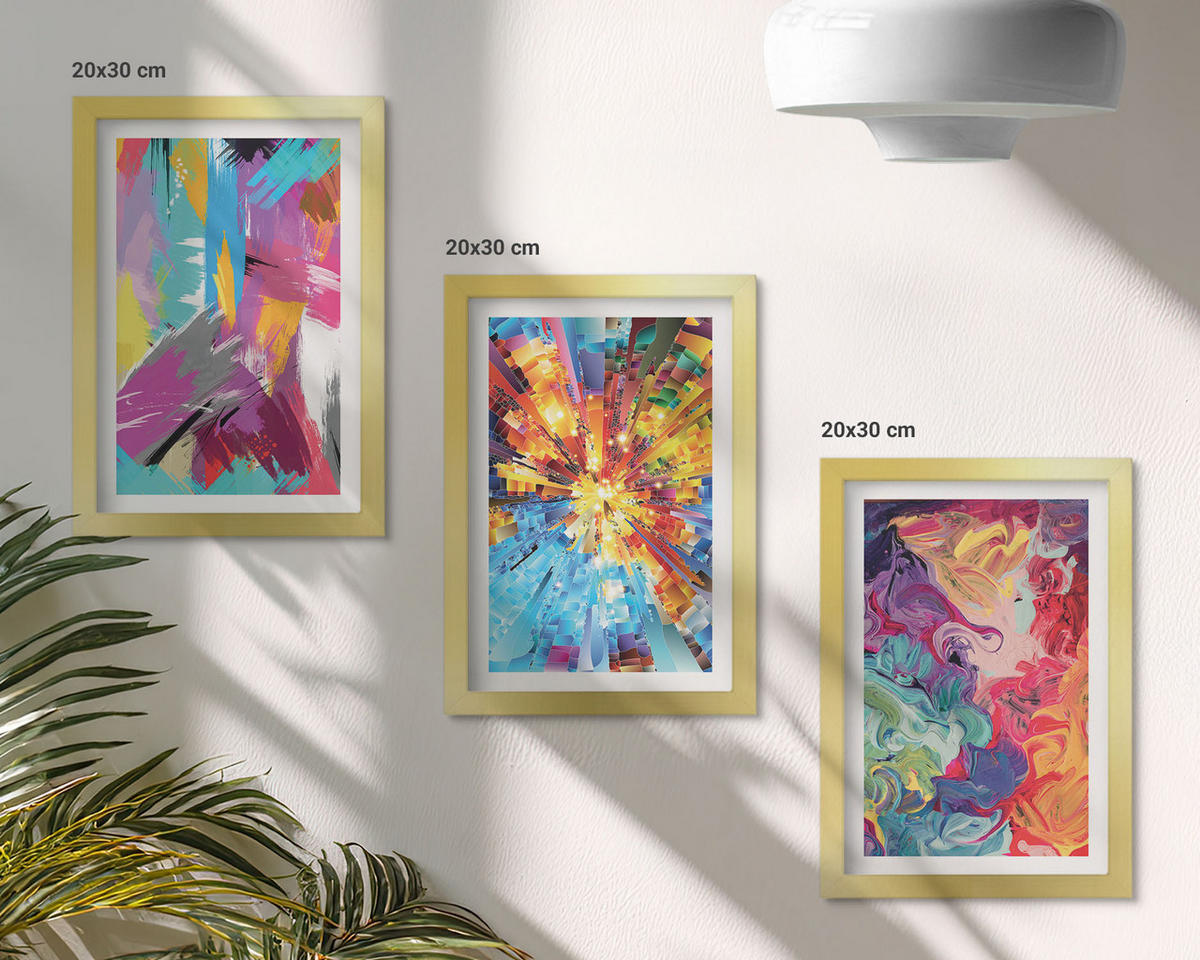 BILDER SET 3er Set - 20x30 cm Goldrahmen - Bunte abstrakte Farbmuster - Goldfarben, Kunststoff (20/30cm) - TULUP