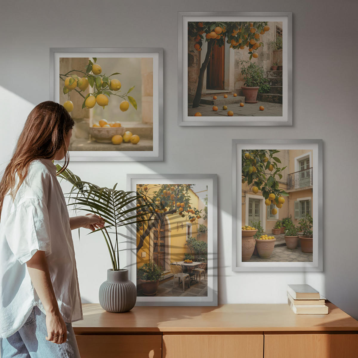 BILDER SET 4er Set - 50x50 cm & 40x60 cm Silberner Rahmen - Zitrusgarten in der Sonne - Silberfarben, Kunststoff (50/50cm) - TULUP