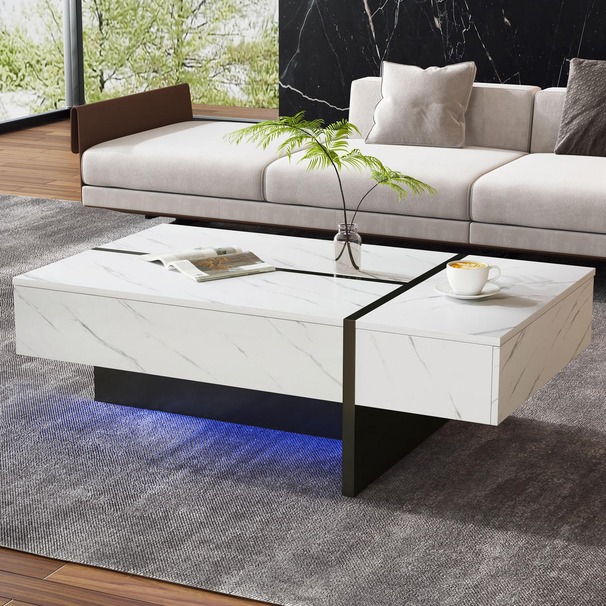 KONFERENČNÝ stolík 105/60/35 cm s 3 zásuvkami, LED osvetlením a vysokolesklou doskou s mramorovým dekorom, Biela - biela, kompozitné drevo (105/60/35cm) - Redom