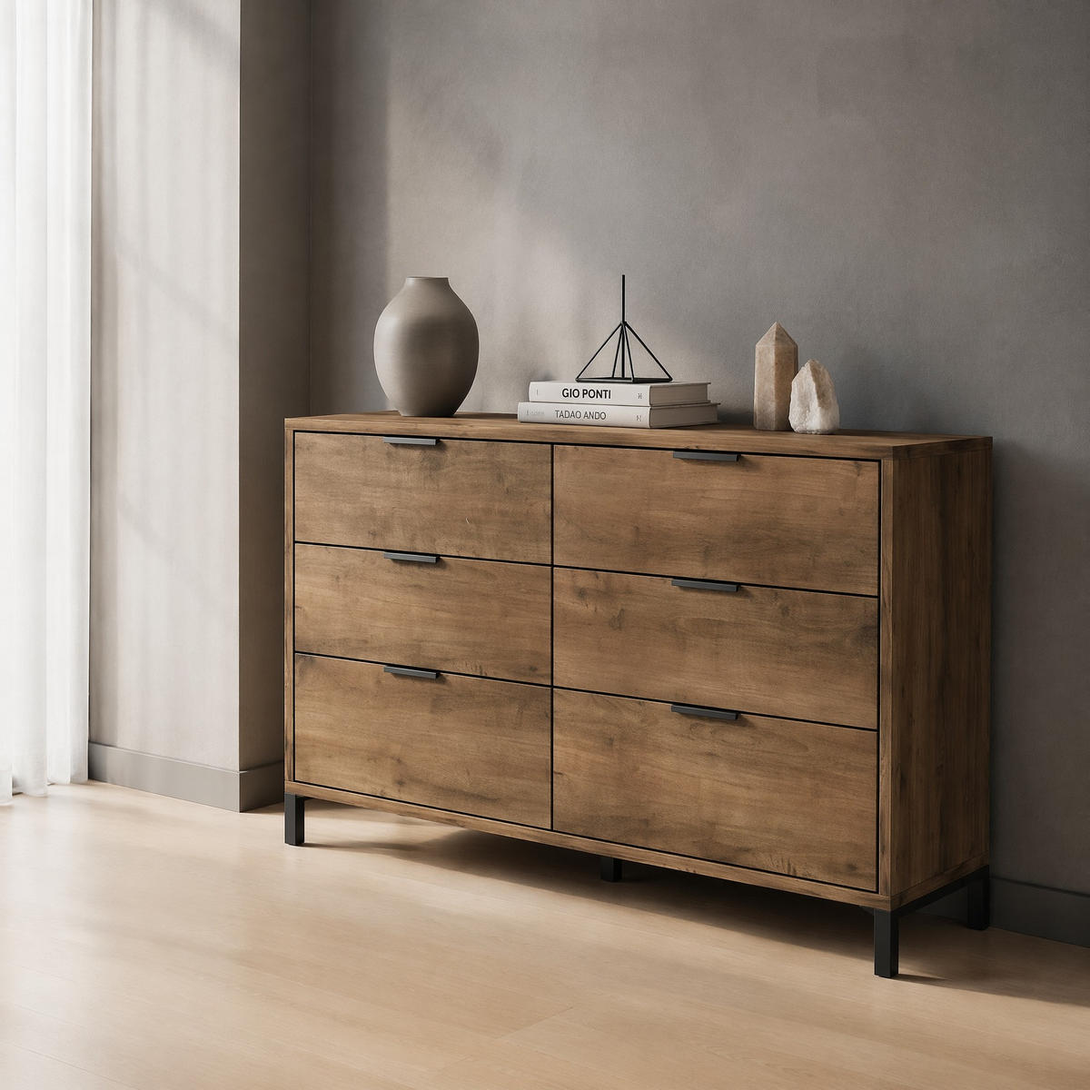 KOMODA tmavě dubová, 6 zásuvek, do ložnice a obytných prostor, 120×40×76 cm - černá/barva dubu, kov/kompozitní dřevo (120/76/40cm) - STILVORA