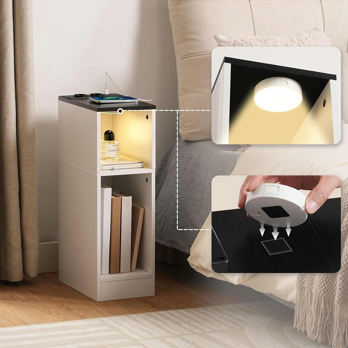 BEISTELLTISCH mit Ladestation und LED-Leuchte Weiß - Weiß, Metall (50.5/20/63cm)