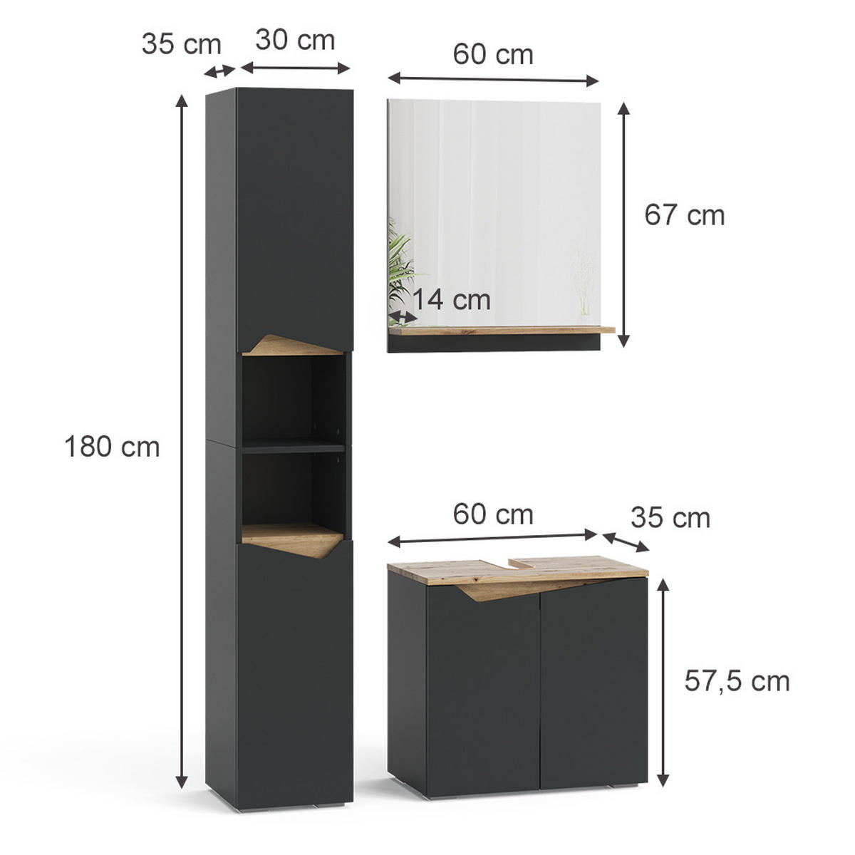 BADMÖBEL-KOMBINATION Marelle Anthrazit 3 Teile, mit Hochschrank - Anthrazit/Eiche Artisan, Holzwerkstoff (60/57/35cm) - Vicco