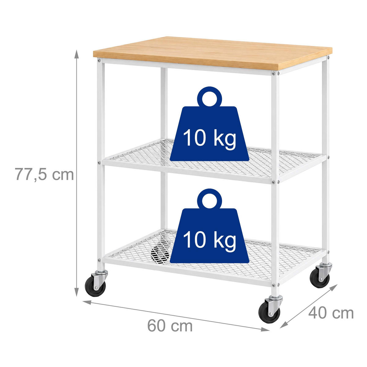 KÜCHENWAGEN Hellbraun Weiß 3 Ebenen Rollen - Weiß, Holzwerkstoff/Metall (40/77.5/60cm) - Relaxdays
