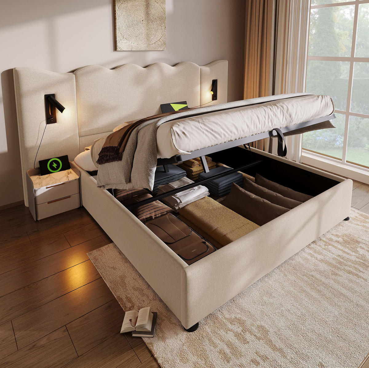 POLSTERBETT 180/200 cm mit Leselampe, USB- und Type-C-Anschluss, hydraulischem Stauraum und Wellenkopfteil, Beige - Beige, Textil (180/200cm) - Redom