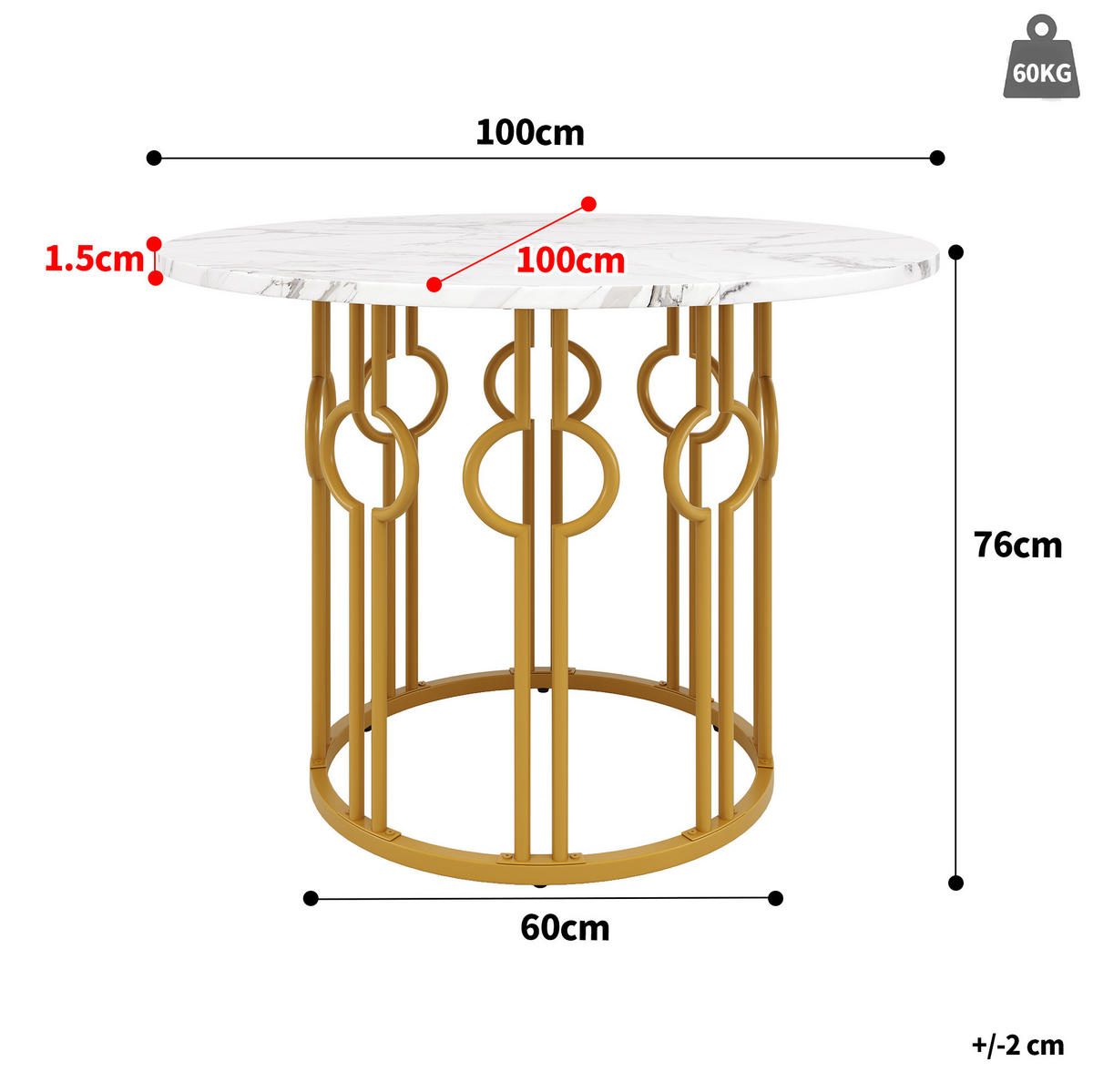 ESSTISCH 100x100x76 cm in Gold und Weiß aus MDF mit Metallbeinen - Weiß, Holzwerkstoff (100/100/76cm) - Modfu