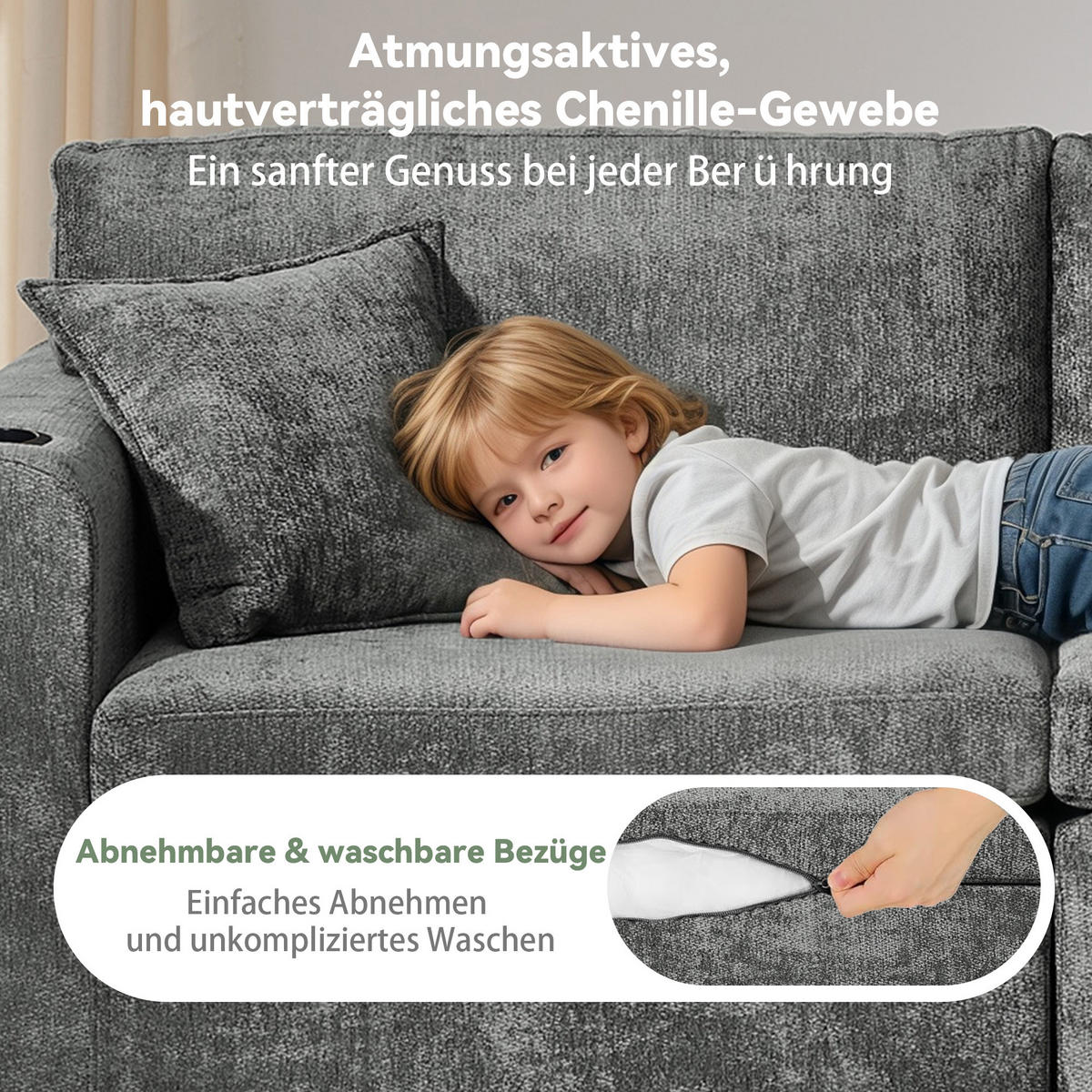 2-SITZER SOFA Chenille Gray mit USB-Ladefunktion, Magazintasche, Getränkehalter und Kissen - Grau, Textil (220/89/100cm) - WISHDOR