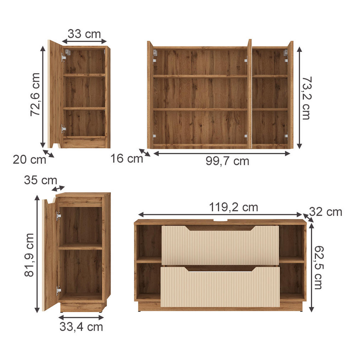 BADMÖBEL-SET Lotta Eiche/Kaschmir gestreift 4 Teile - Kaschmir/Eichefarben, Holzwerkstoff (119.2/62.5/35cm) - Vicco