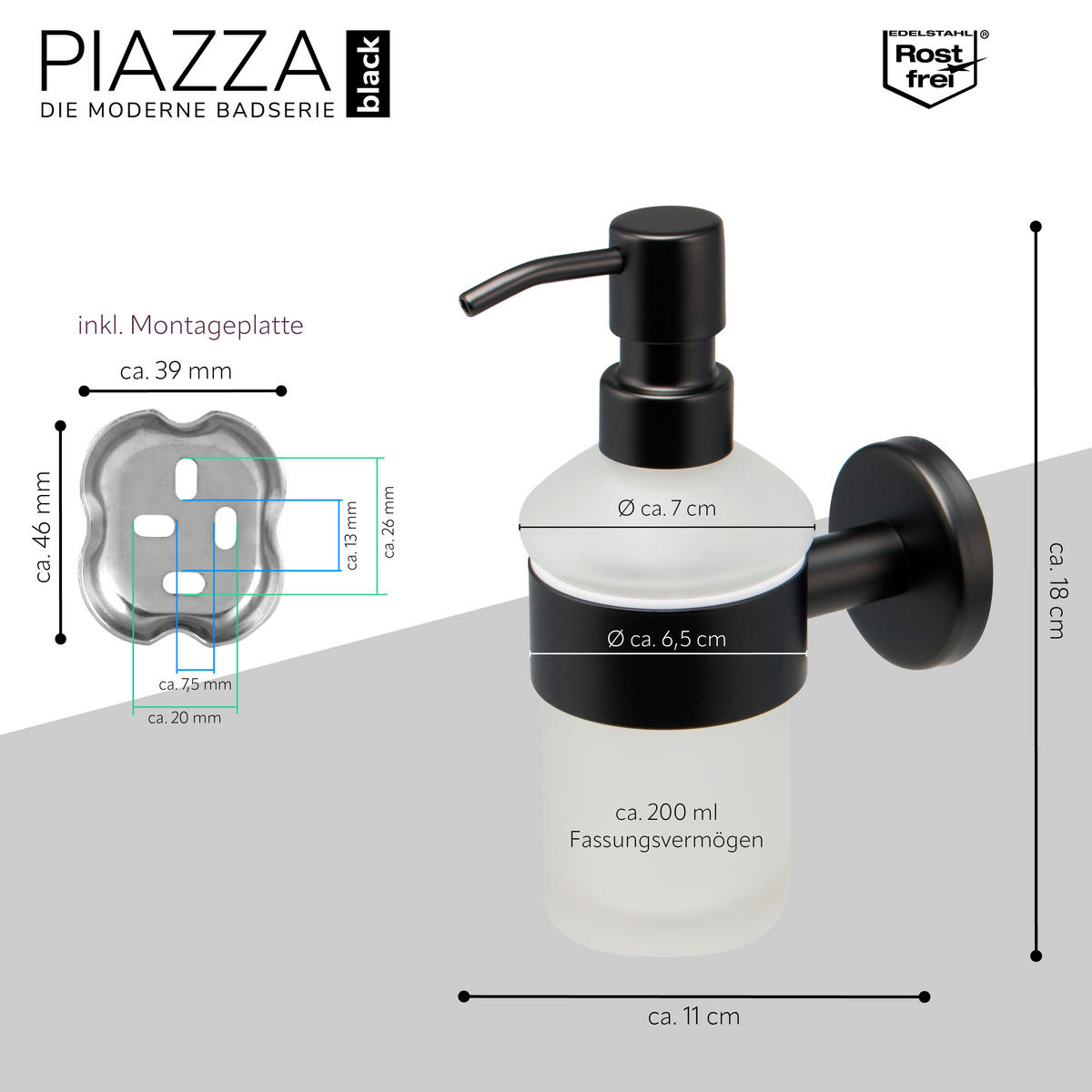 SEIFENSPENDER PIAZZA BLACK, schwarz, inkl. Klebeset - Schwarz, Metall (7/18/11cm) - bremermann