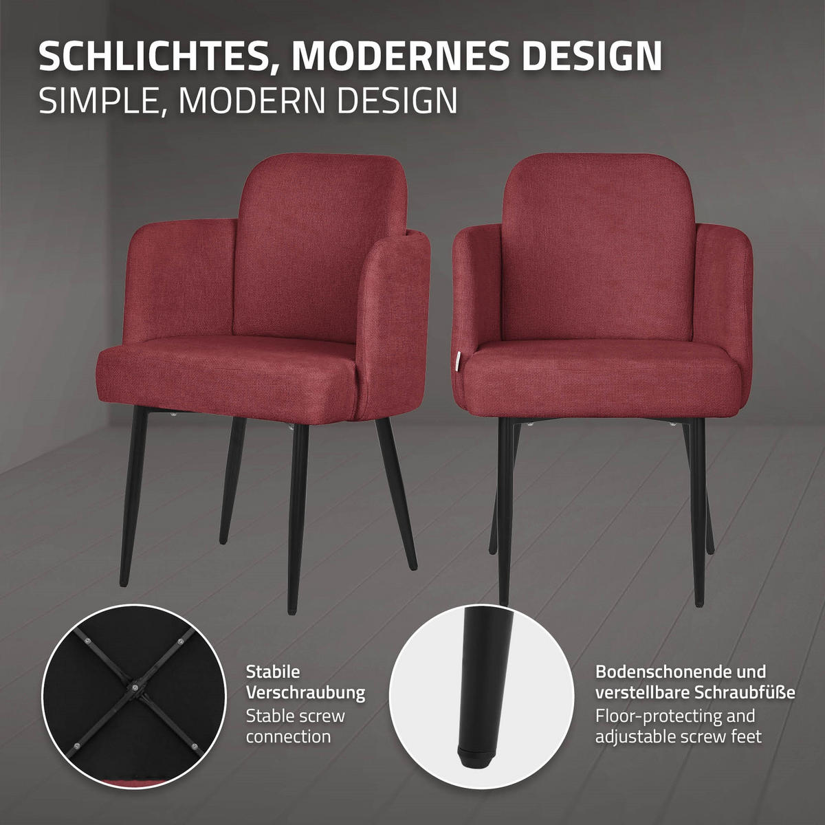 ESSZIMMERSTÜHLE 4er Set Rot mit Stoffbezug Rattan Optik - Rot/Schwarz, Textil/Metall (59/86/59cm) - ML-DESIGN
