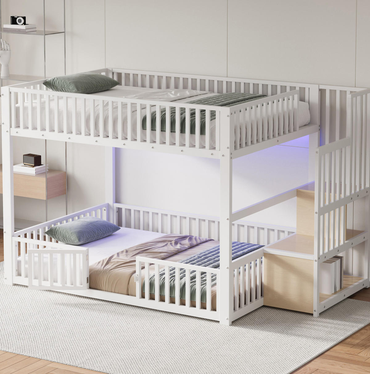 ETAGENBETT 140/200 cm Weiß mit LED und Stauraumleiter - Weiß, Metall (140/200cm) - MIVRAY
