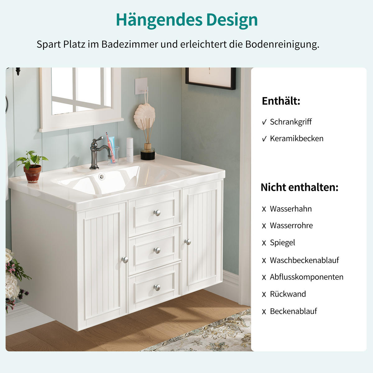 WASCHTISCH 78.5x46x46.8cm Weiß Mit 3 Schubladen & Waschbecken - Weiß, Holzwerkstoff (46/46.8/78.5cm) - FLIEKS