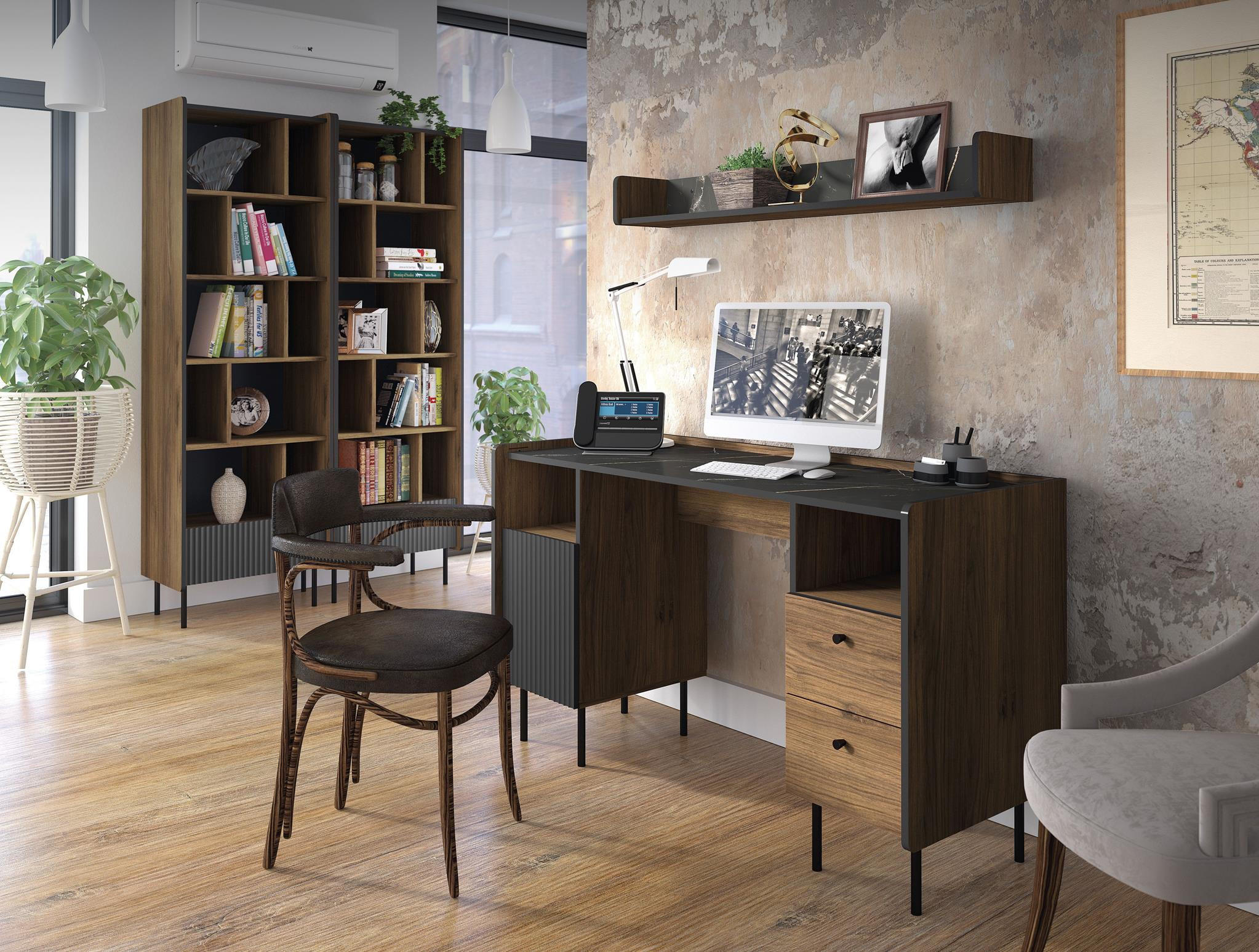 Thumbnail - Bettso Schreibtisch, Schwarz, Walnuss, Holzwerkstoff, 2 Schubladen, 135x79x55 cm, Arbeitszimmer, Schreibtische, Bürotisc...