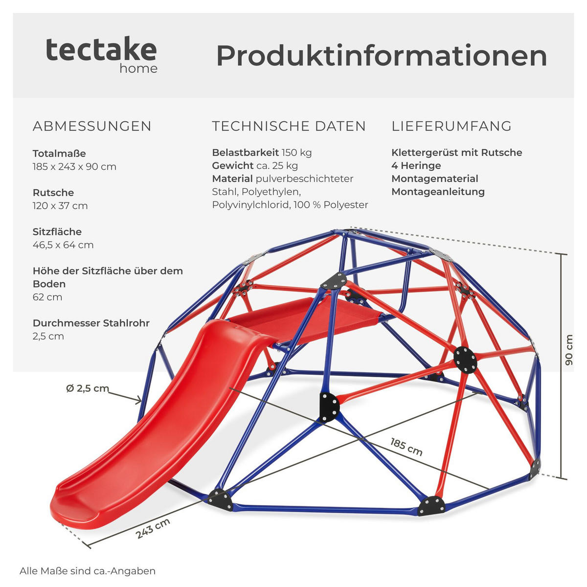KLETTERGERÜST mit Rutsche Freeclimber, ab 3 Jahren, inklusive 4 Heringe, rot/blau - Rot, Kunststoff (185/90/243cm) - tectake