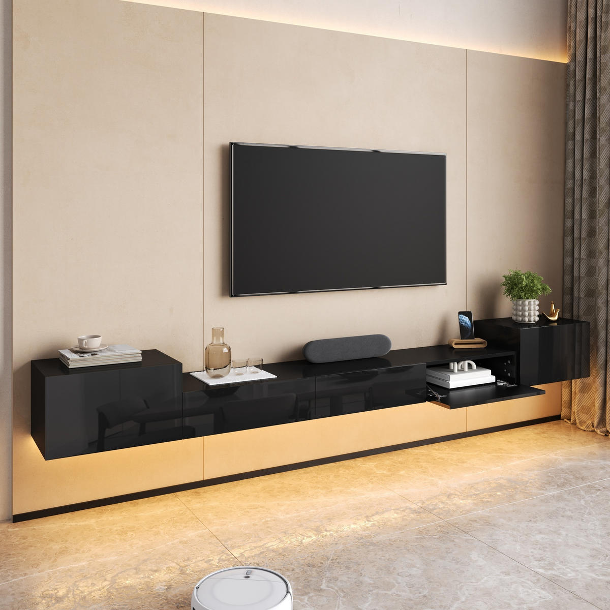 TV-SCHRANK 245/30/26 cm Schwarz mit LED-Beleuchtung und Hochglanz-Türen - Schwarz, Holzwerkstoff (245/26/30cm) - Oxeza