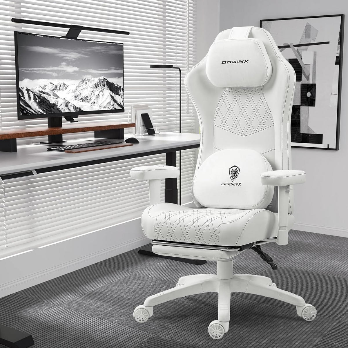 GAMING Stuhl &Massage-Wärmefunktion, atmungsaktivem Taschenfederkissen - Weiß, Leder (60/127/60cm)