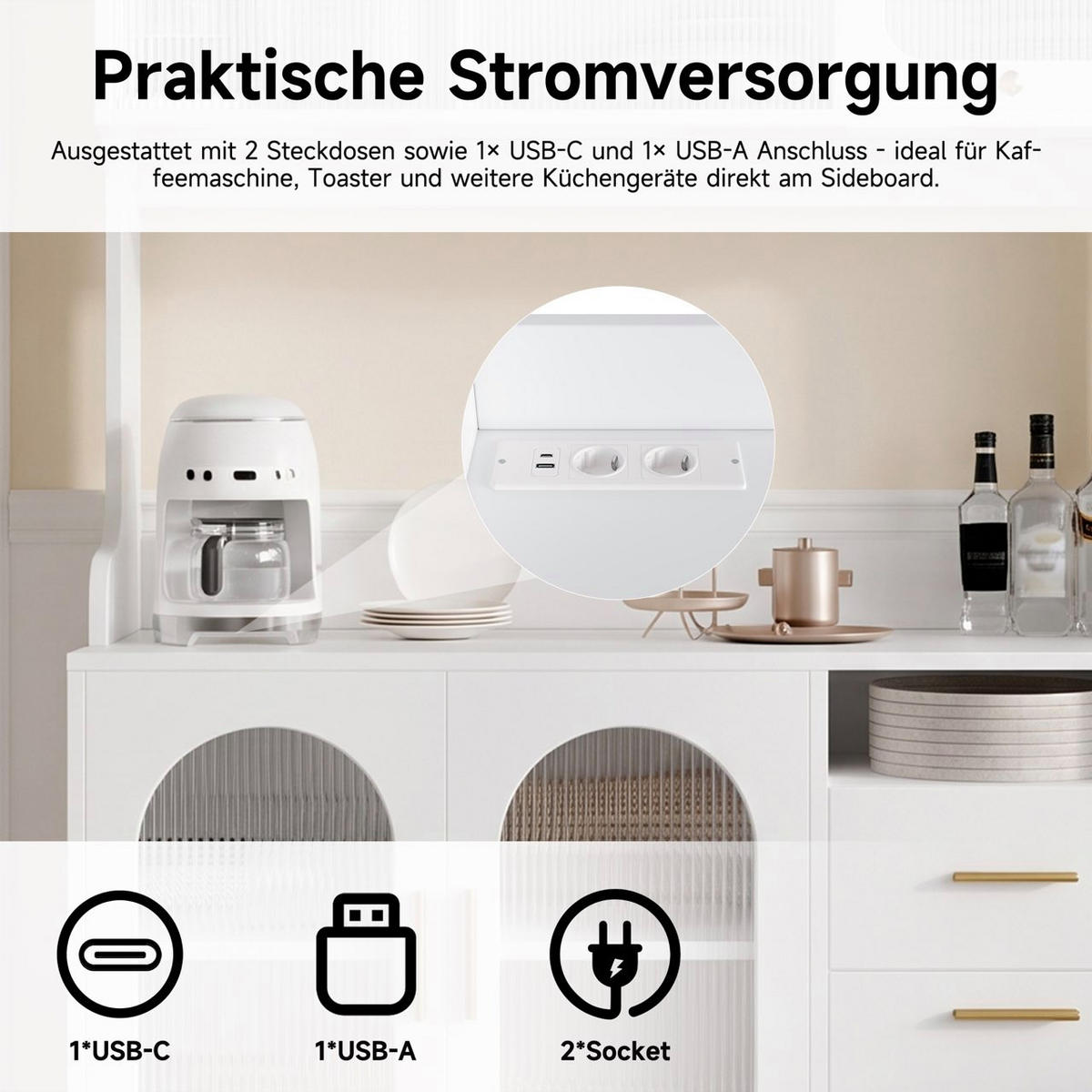 BUFFETSCHRANK 120x40x178 cm, 2 Steckdosen, USB-A/USB-C-Anschlüsse, Weiß - Weiß, Holzwerkstoff (120/178/40cm) - FOHERE