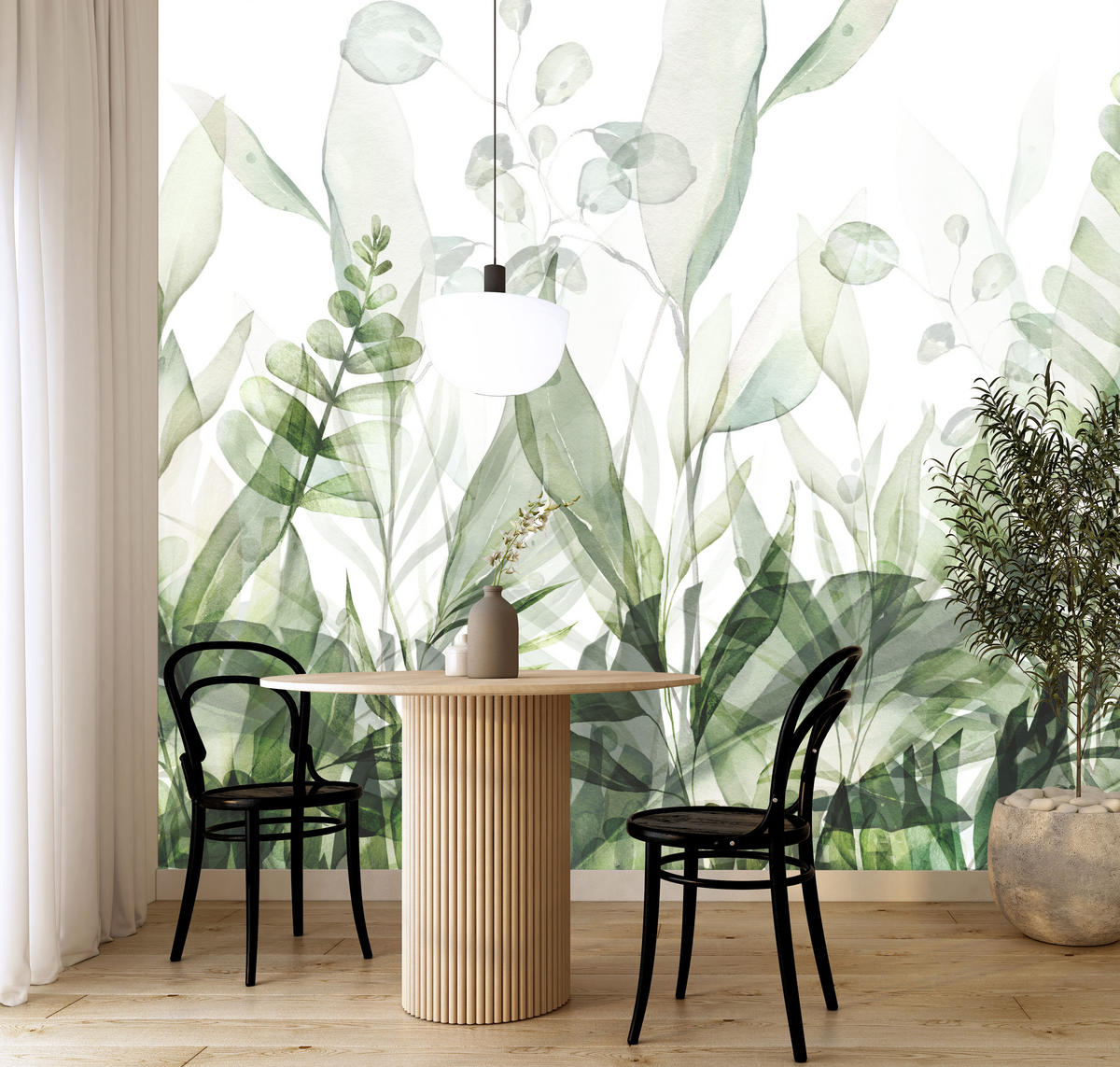 FOTOTAPETE für Schlafzimmer Aquarell Tropische Grüne Blätter Exotisch Blätter 250x175 - Weiß/Grün, Papier (250/175cm) - Muralo