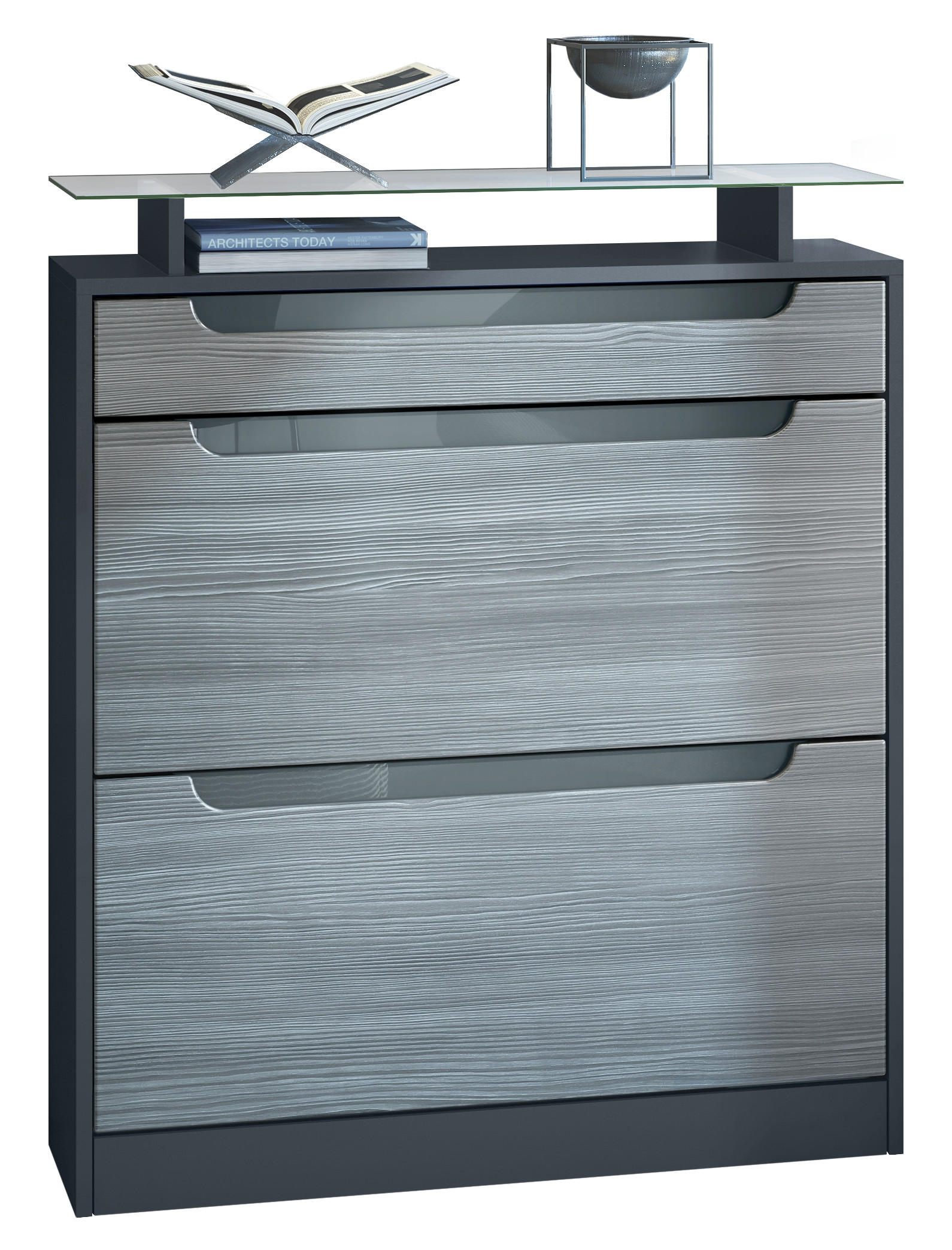 SCHUHSCHRANK Fiesta Fronten in Avola Anthrazit, Griffmulden in Grau Hochglanz - Anthrazit, Holzwerkstoff (89/104/23cm) - Vladon