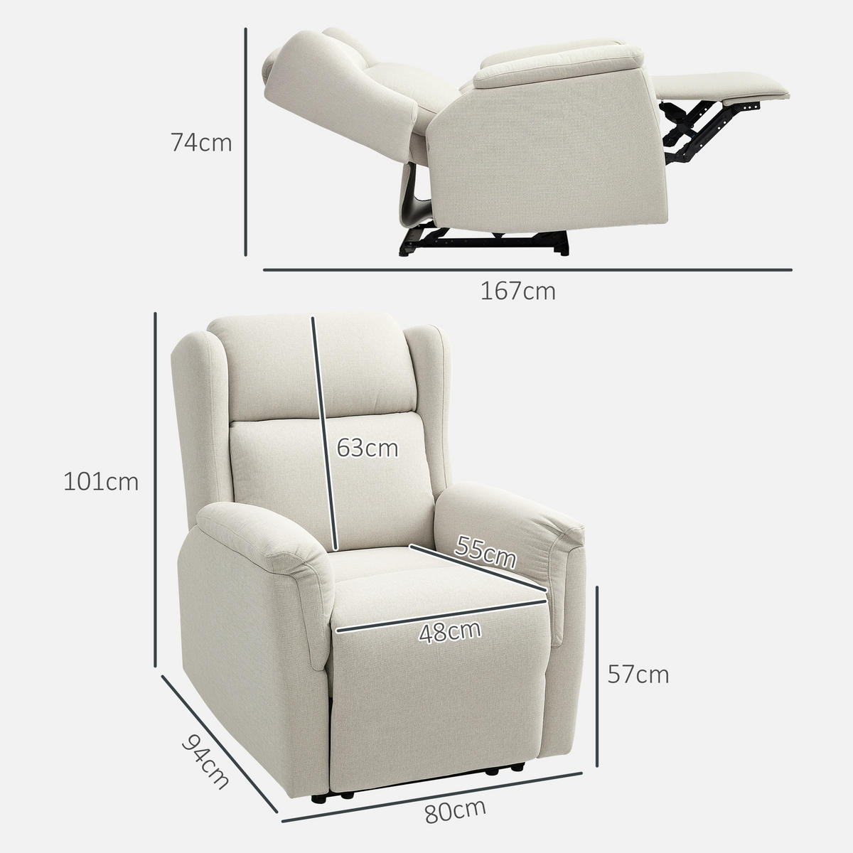 RELAXSESSEL, Fernsehsessel mit Liegefunktion, TV-Sessel mit Taschenfederkern - Beige, Textil/Metall (80/101/94cm) - HOMCOM