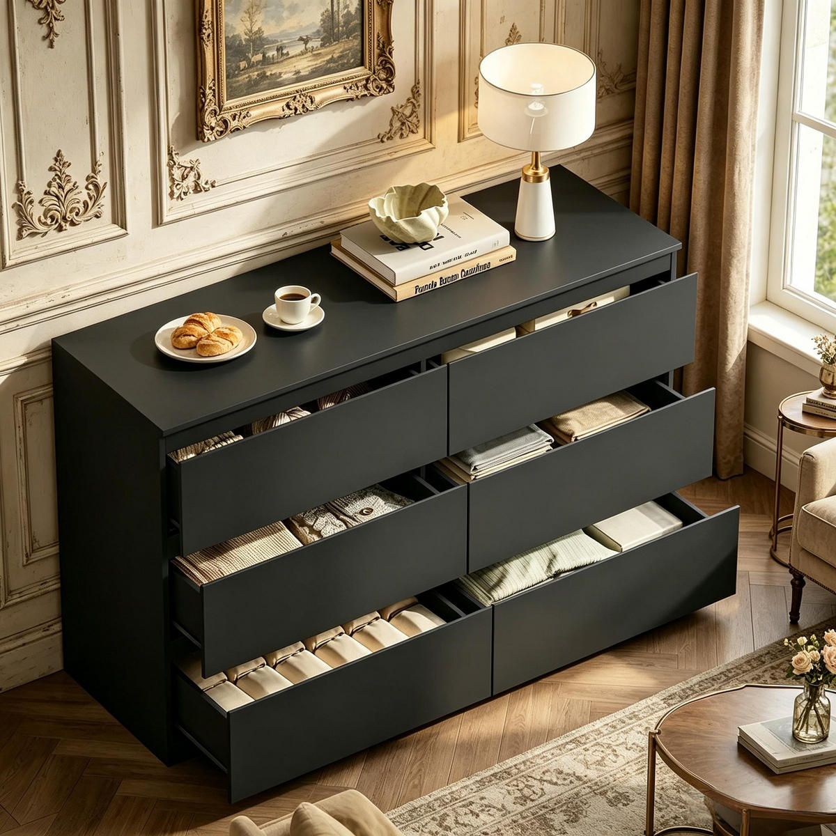 KOMMODE DE-38088 120/40/75 cm mit 6 Schubladen Schwarz - Schwarz, Holzwerkstoff (120/75/40cm) - ComfortXL