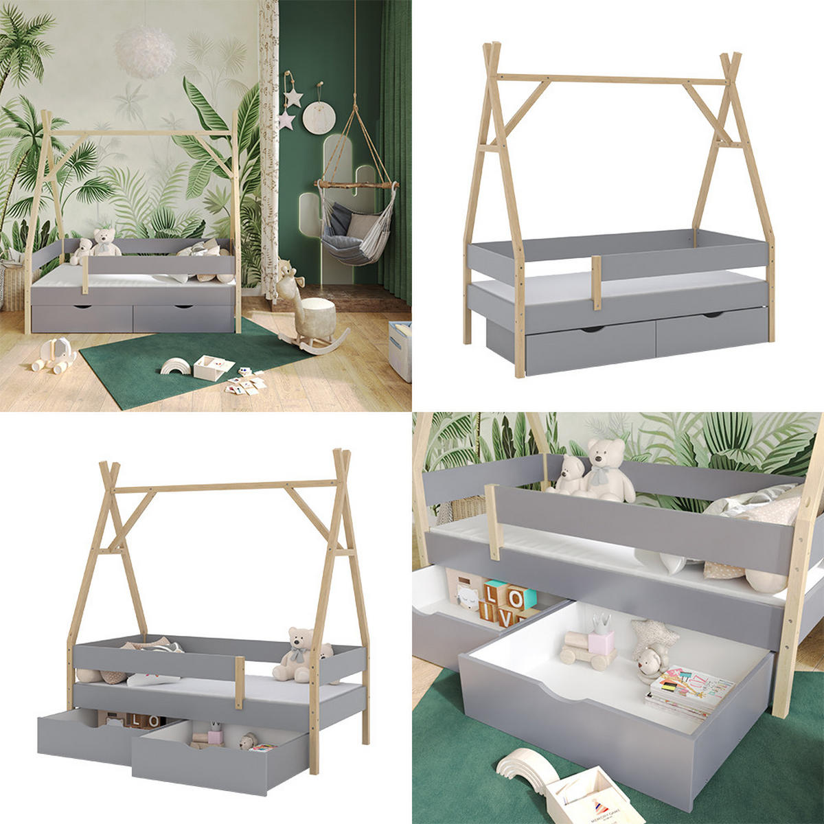 TIPI-BETT Bali Grau 80x160 cm mit 2 Schubladen und Matratze - Grau, Holz - VitaliSpa