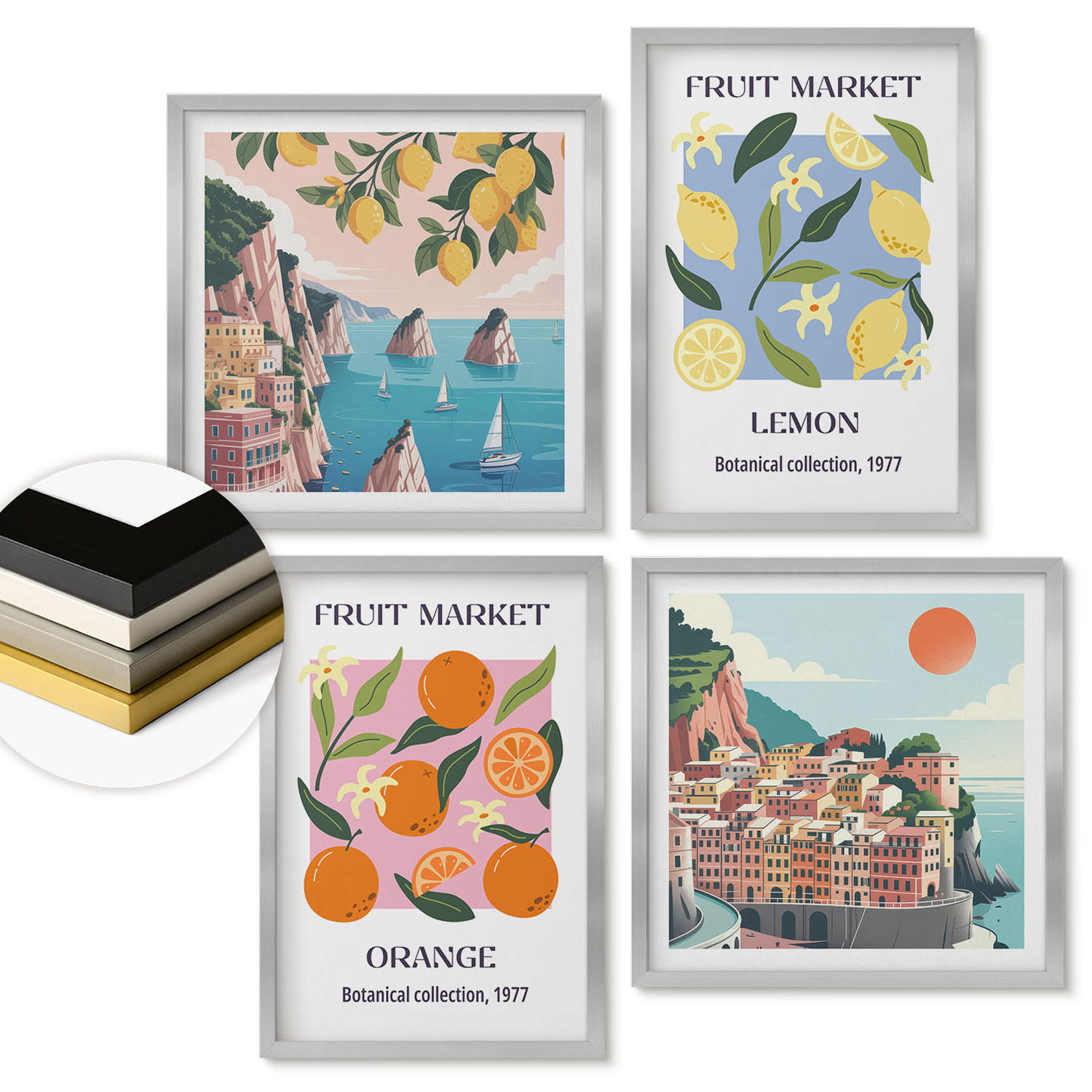 WANDBILDER 4er Set - 50x50 cm & 40x60 cm Silberner Rahmen - Obstposter Zitronen Orangen - Silberfarben, Kunststoff (50/50cm) - ArtPrintCave