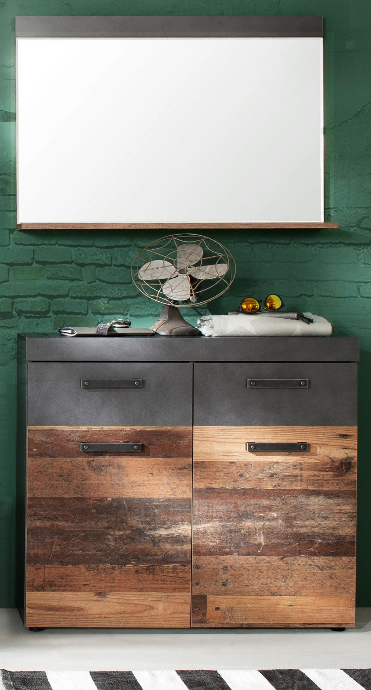 GARDEROBE Old Used Wood mit grau 2-teilig 90 x 192 cm, Set mit Spiegel - Silberfarben/Schwarz, Glas/Holzwerkstoff (90/192/34cm) - Top.Furn