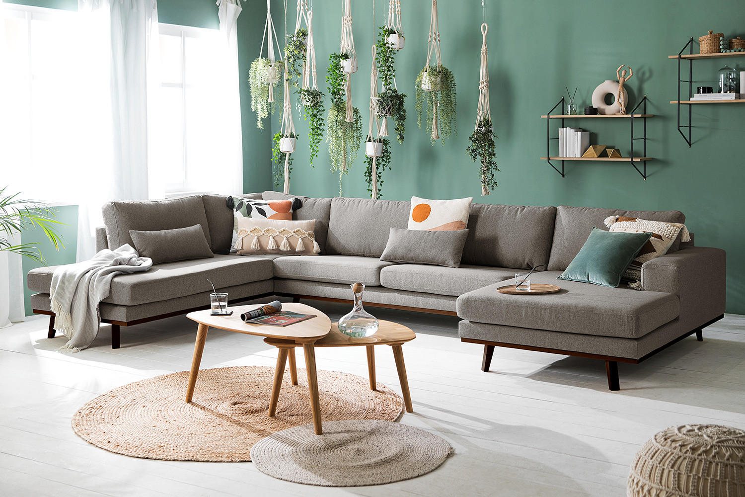 WOHNLANDSCHAFT mit Longchair - Graubraun/Buchefarben, Textil (371/81/219cm) - home24