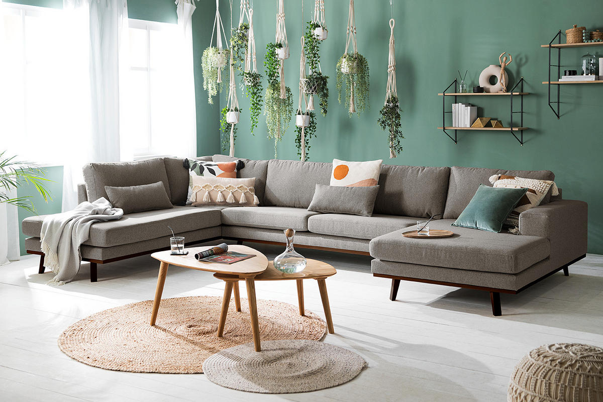 WOHNLANDSCHAFT mit Longchair - Graubraun/Buchefarben, Textil (371/81/219cm) - home24