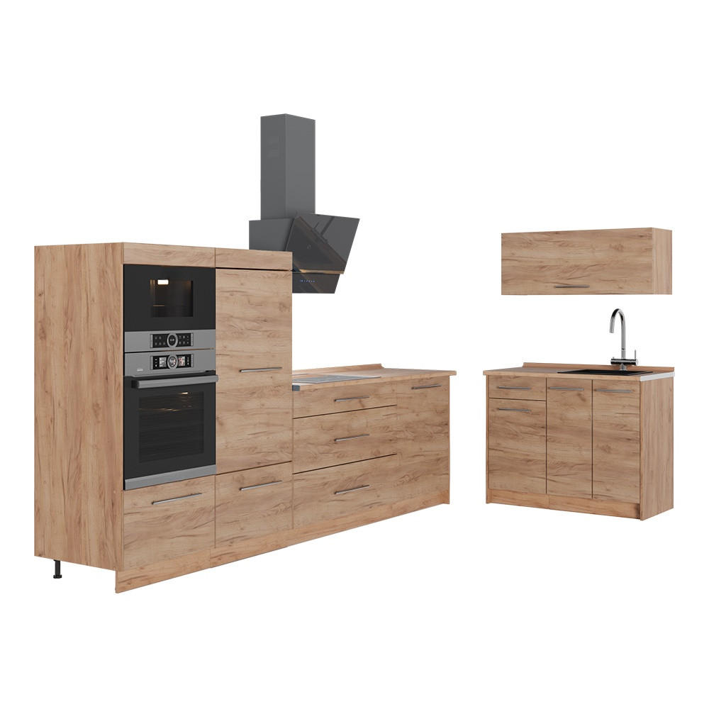 KÜCHENZEILE Fame-Line, Goldkraft Eiche/Goldkraft Eiche, 380 cm, AP Eiche - Honigeiche, Holzwerkstoff (380/153.6/60cm) - Vicco
