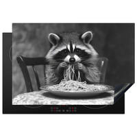 HERDABDECKPLATTE Waschbär - Niedlich - Pasta - Tischtuch - Schwarz - Weiß Induktionsmatte 77x51 cm - Grau, Kunststoff (77/51/0.2cm) - MuchoWow