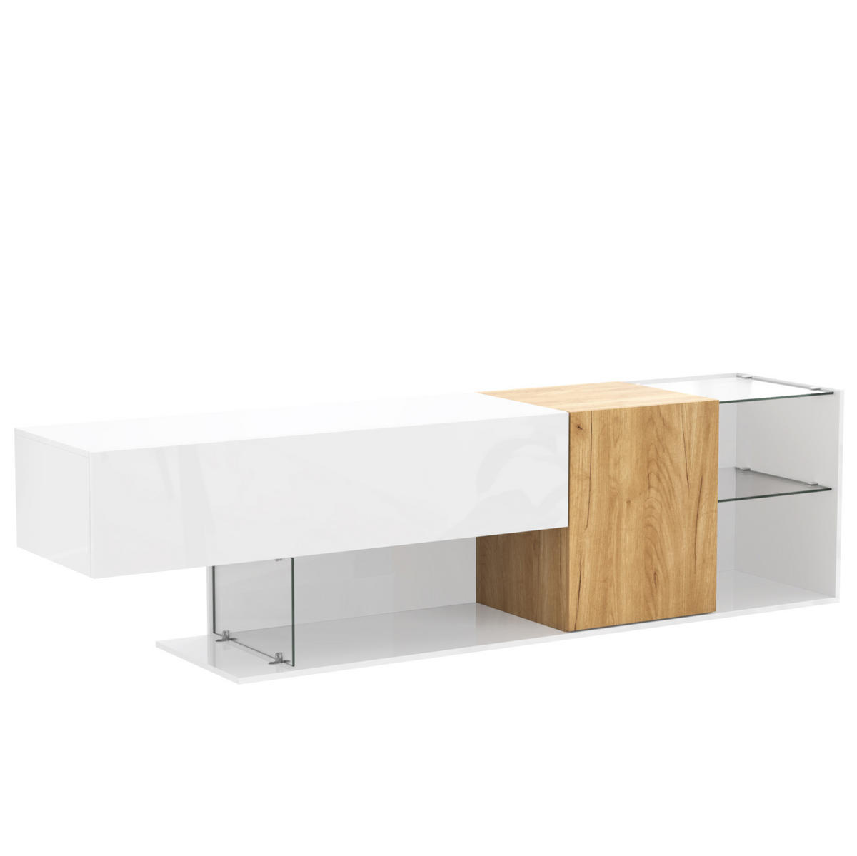 LOWBOARD TV-Kommode 180/38/48 cm aus Spanplatte mit Glasregalen und Stauraum Weiß/Natur - Weiß, Holzwerkstoff (180/48/38cm) - Modenvie