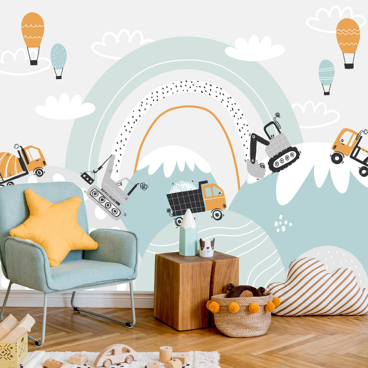 FOTOTAPETE für Kinderzimmer Baumaschinen Regenbogen Hügel Wolken 300x210 - Blau/Schwarz, Papier (300/210cm) - Muralo