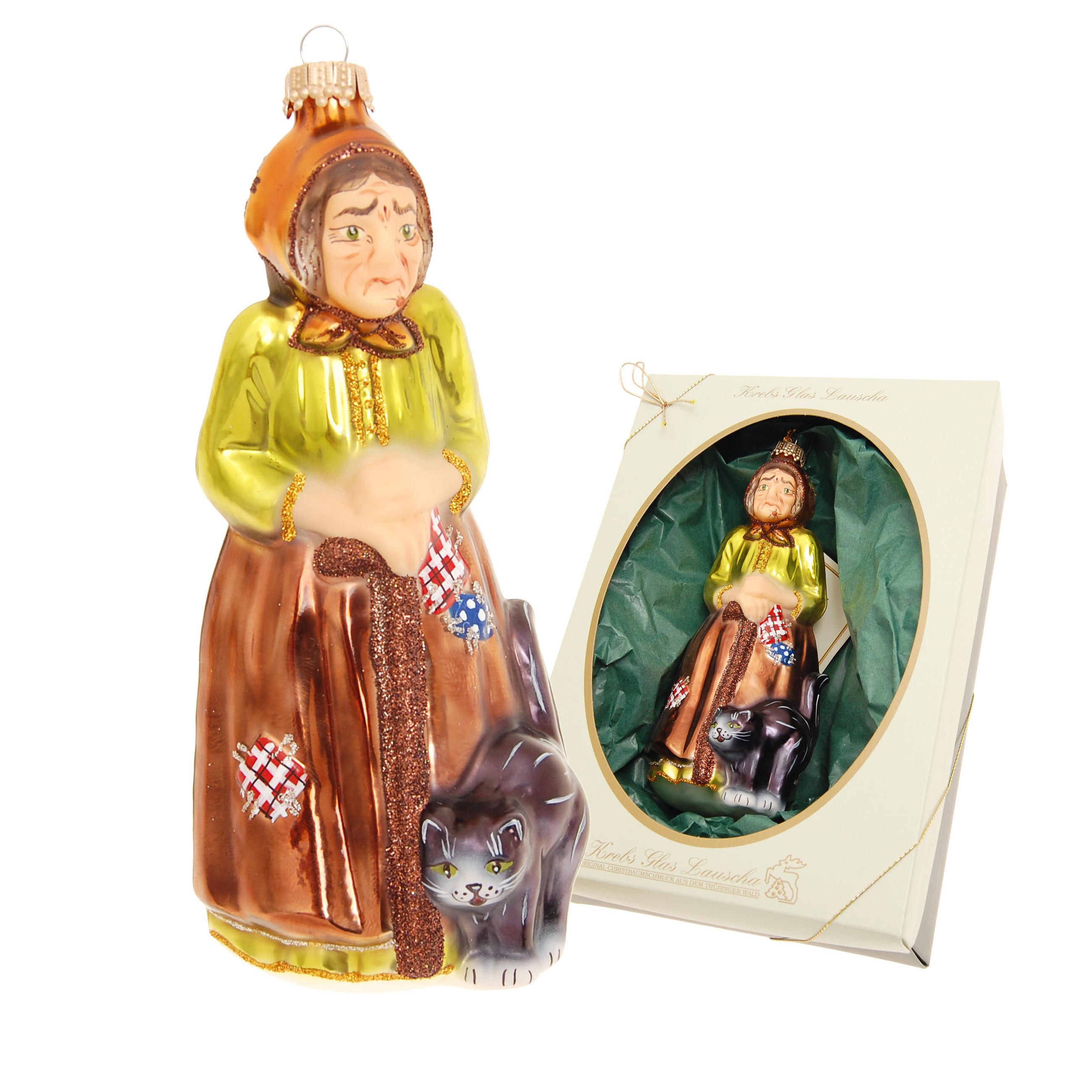 CHRISTBAUMSCHMUCK Hexe Befana Braun 17cm (Glas / 1 Stk.) - Braun, Glas (7/17/6cm) - Krebs Glas Lauscha